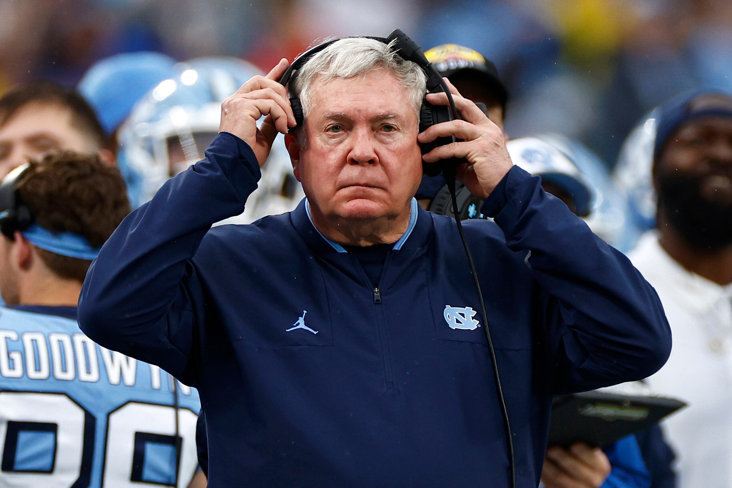 CHARLOTTE, NORTH CAROLINA - DECEMBER 30: Head coach Mack Brown of the North Carolina Tar Heels looks on during the first half of the Duke's Mayo Bowl against the South Carolina Gamecocks at Bank of America Stadium on December 30, 2021 in Charlotte, North Carolina. (Photo by Jared C. Tilton/Getty Images)