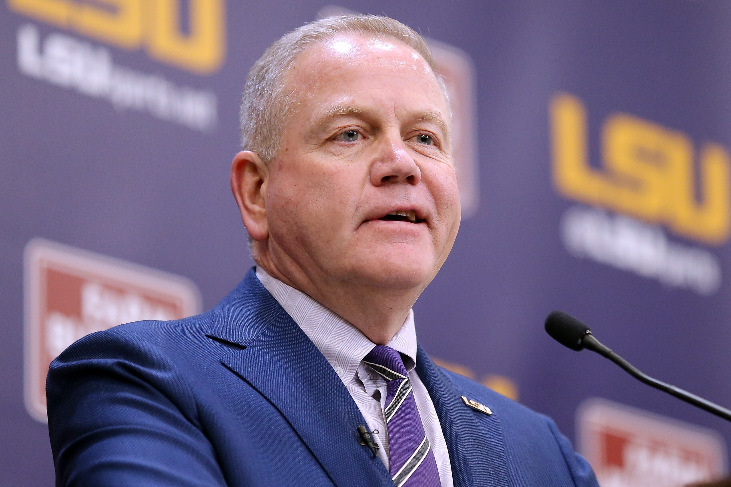 BATON ROUGE, LOUISIANA - DECEMBER 01: Brian Kelly speaks after being introduced as the head football coach of the LSU Tigers during a news conference at Tiger Stadium on December 01, 2021 in Baton Rouge, Louisiana. (Photo by Jonathan Bachman/Getty Images) BATON ROUGE, LOUISIANA - DECEMBER 01: Brian Kelly speaks after being introduced as the head football coach of the LSU Tigers during a news conference at Tiger Stadium on December 01, 2021 in Baton Rouge, Louisiana. (Photo by Jonathan Bachman/Getty Images)
