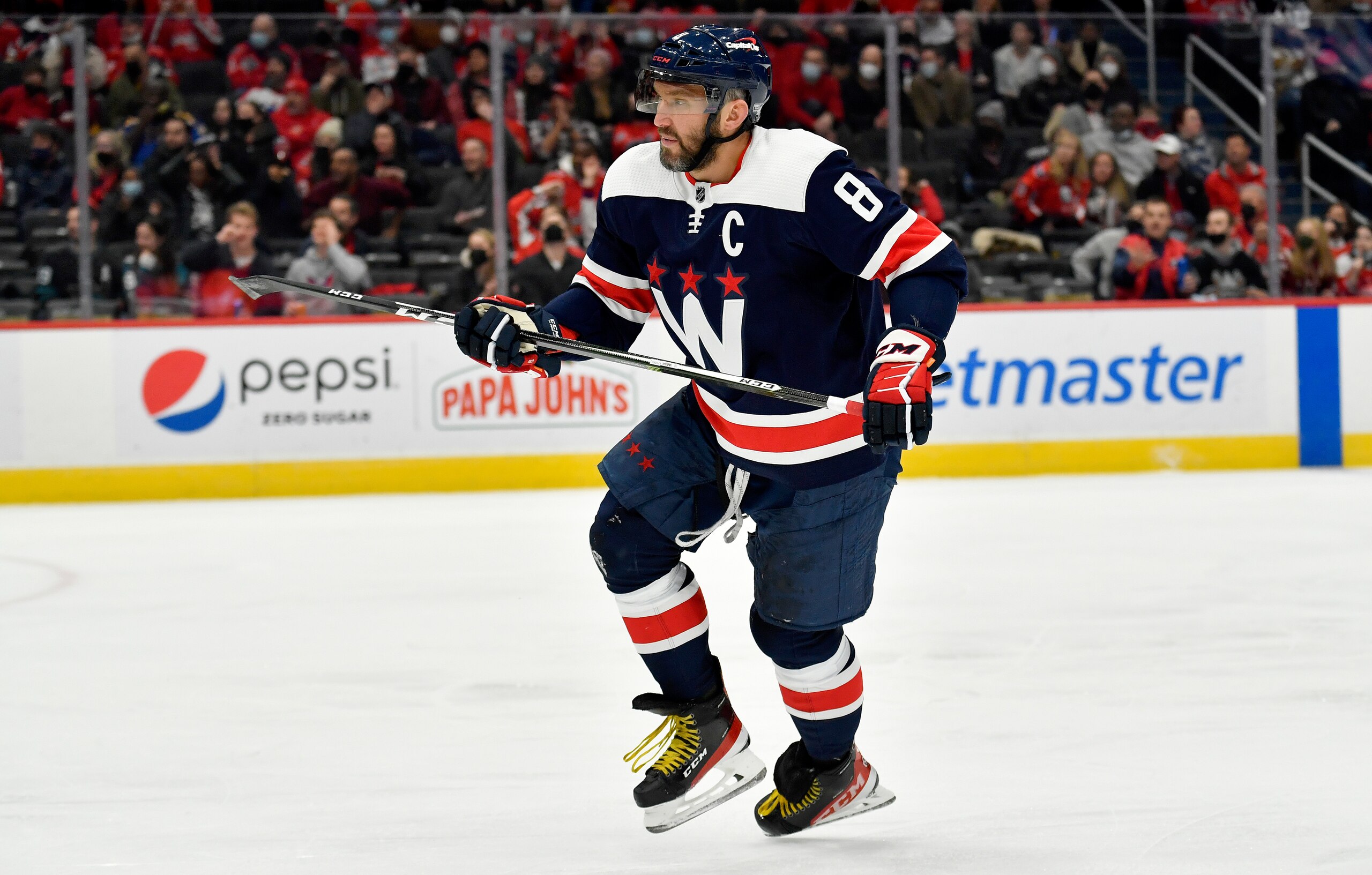 WASHINGTON, DC - JANUARY 26: Capitals left wing Alexander Alex Ovechkin (8) skates during the San Jose Sharks versus Washington Capitals National Hockey League game on January 26, 2022 at Capital One Arena in Washington, D.C.. (Photo by Randy Litzinger/Icon Sportswire via Getty Images)