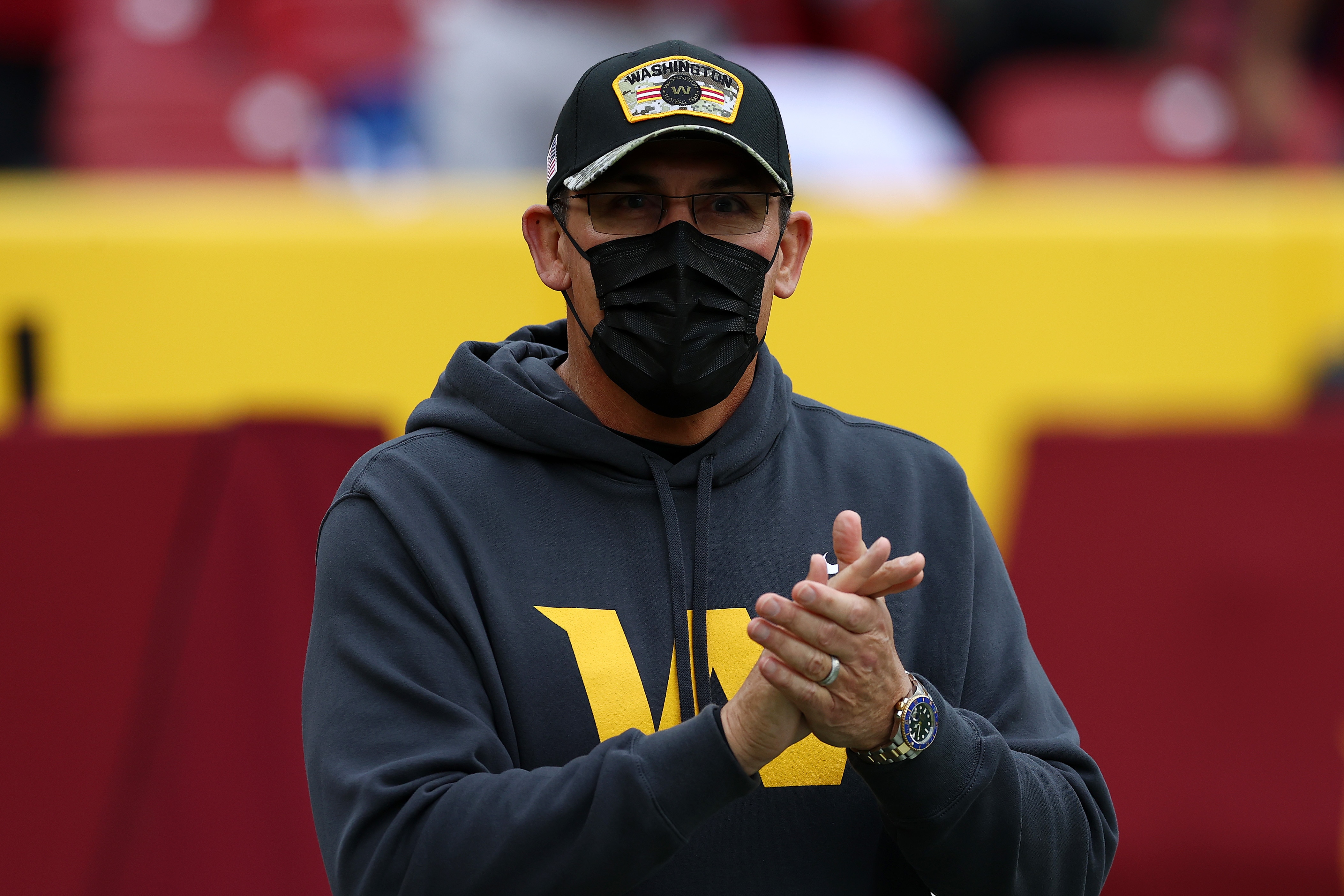 LANDOVER, MARYLAND - JANUARY 02: Head coach Ron Rivera of the Washington Football Team looks on during warm-ups before the game against the Philadelphia Eagles at FedExField on January 02, 2022 in Landover, Maryland. (Photo by Todd Olszewski/Getty Images)
