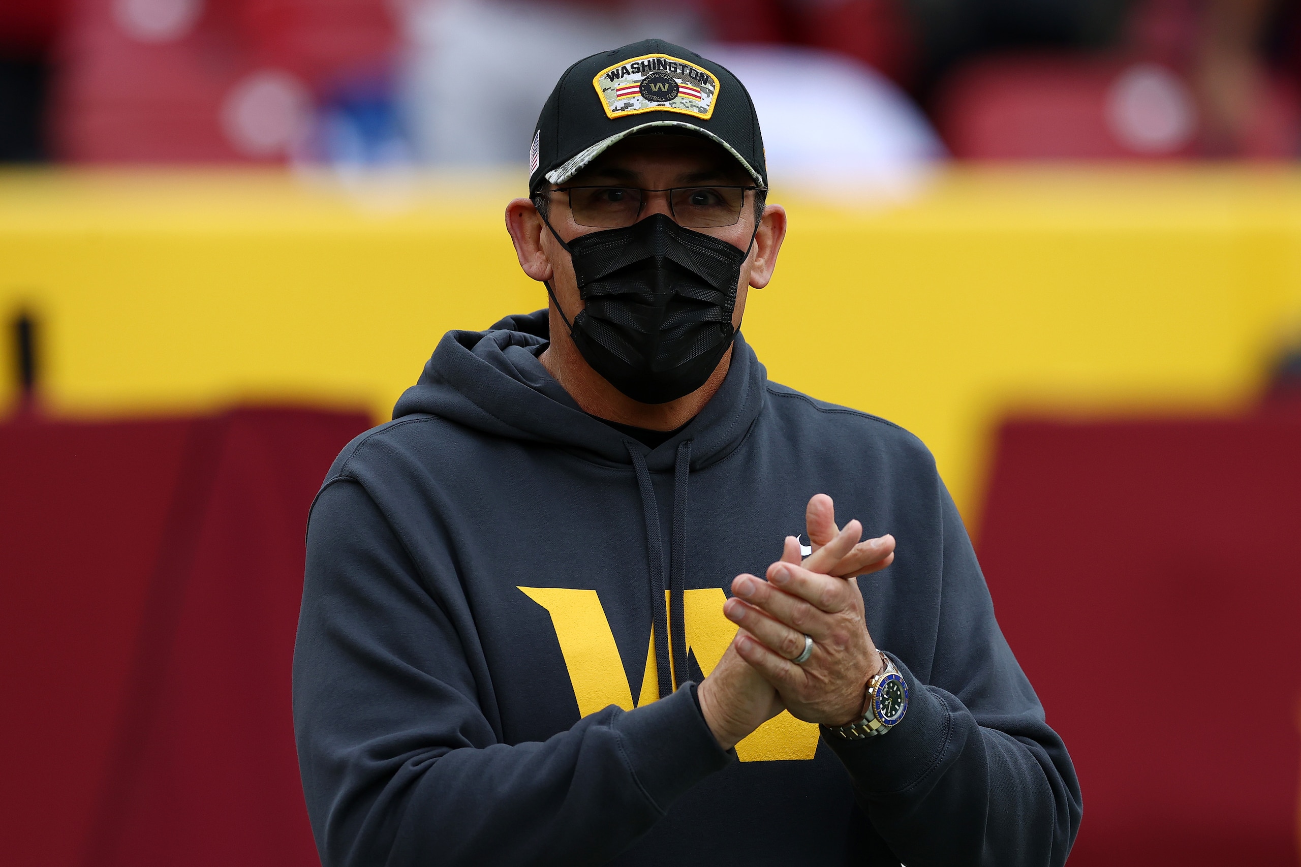 LANDOVER, MARYLAND - JANUARY 02: Head coach Ron Rivera of the Washington Football Team looks on during warm-ups before the game against the Philadelphia Eagles at FedExField on January 02, 2022 in Landover, Maryland. (Photo by Todd Olszewski/Getty Images)