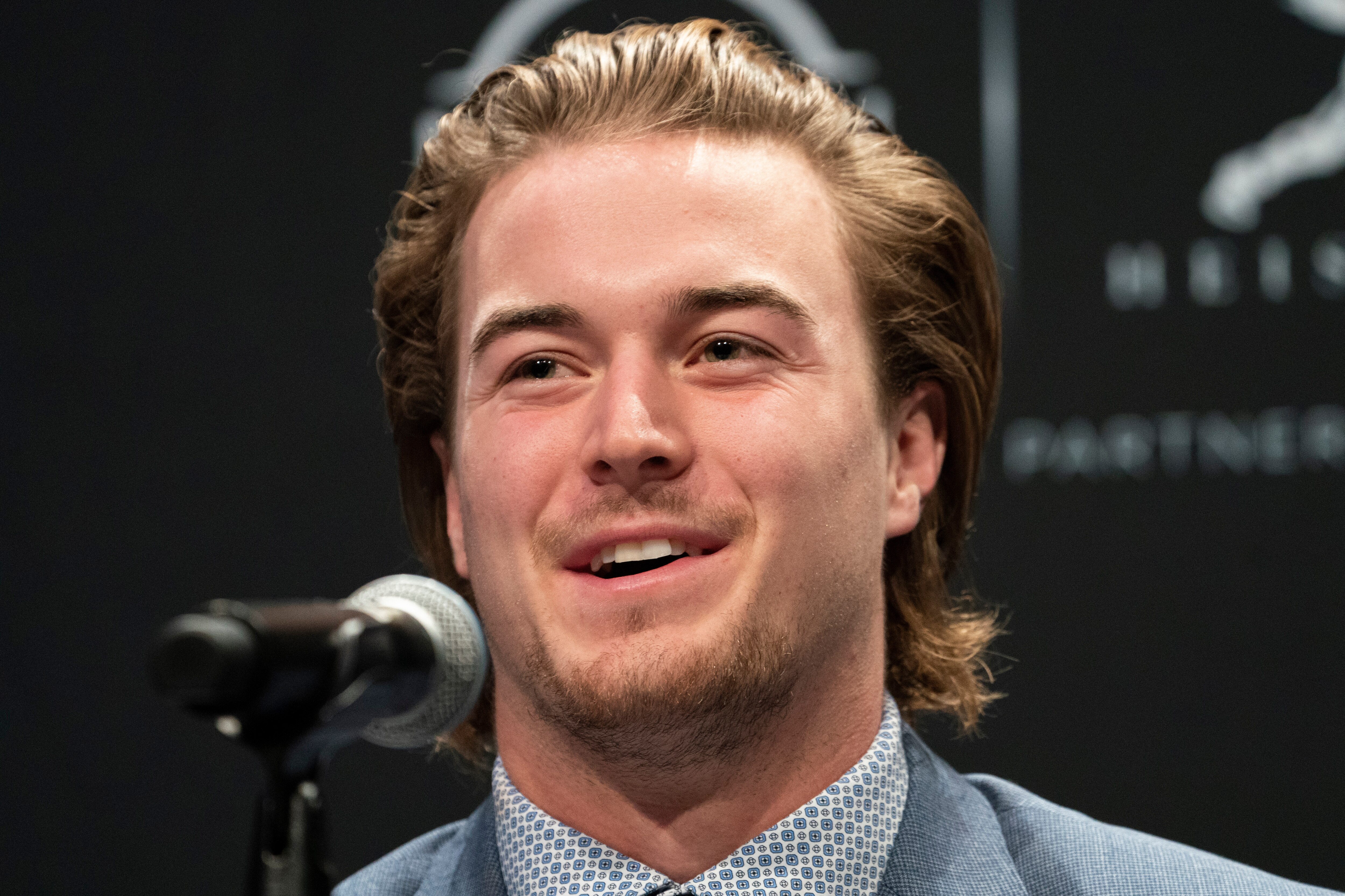Heisman Trophy finalist Pittsburgh quarterback Kenny Pickett speaks during a news conference before attending the Heisman Trophy award ceremony, Saturday, Dec. 11, 2021, in New York. (AP Photo/John Minchillo)