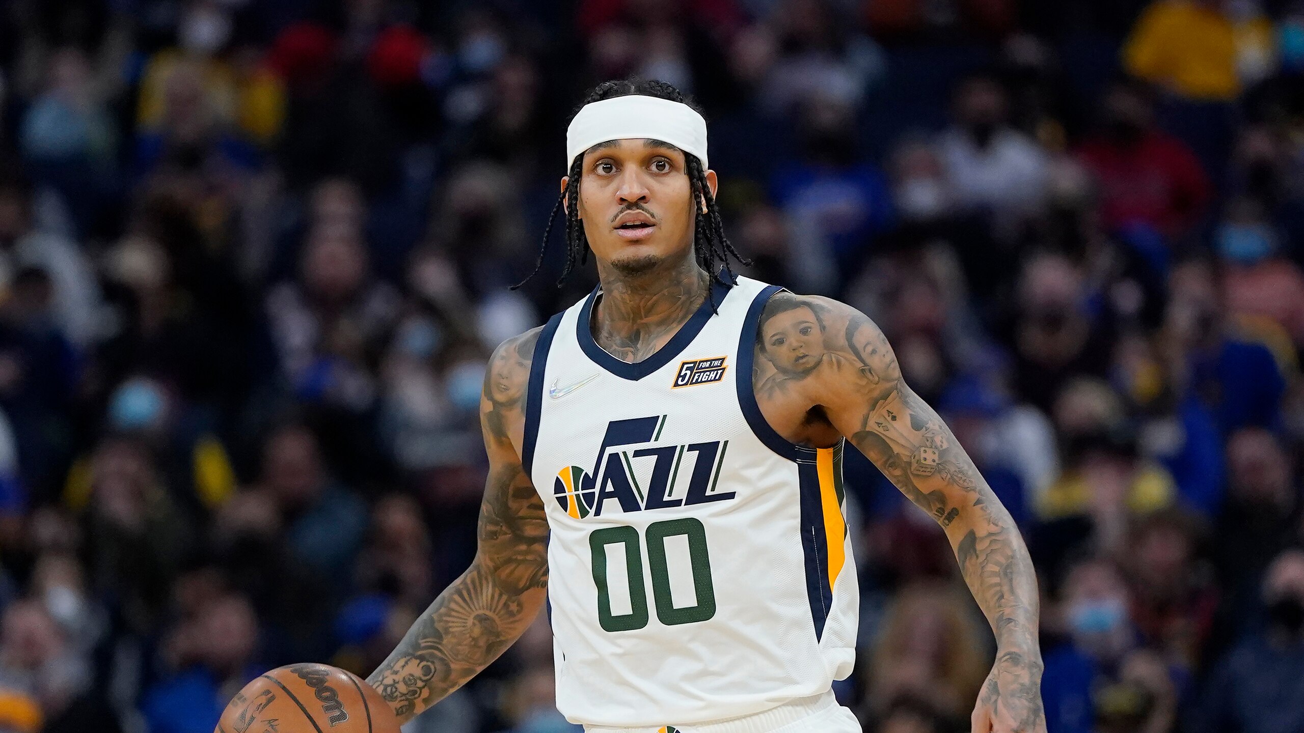 Utah Jazz guard Jordan Clarkson against the Golden State Warriors during an NBA basketball game in San Francisco, Sunday, Jan. 23, 2022. (AP Photo/Jeff Chiu)