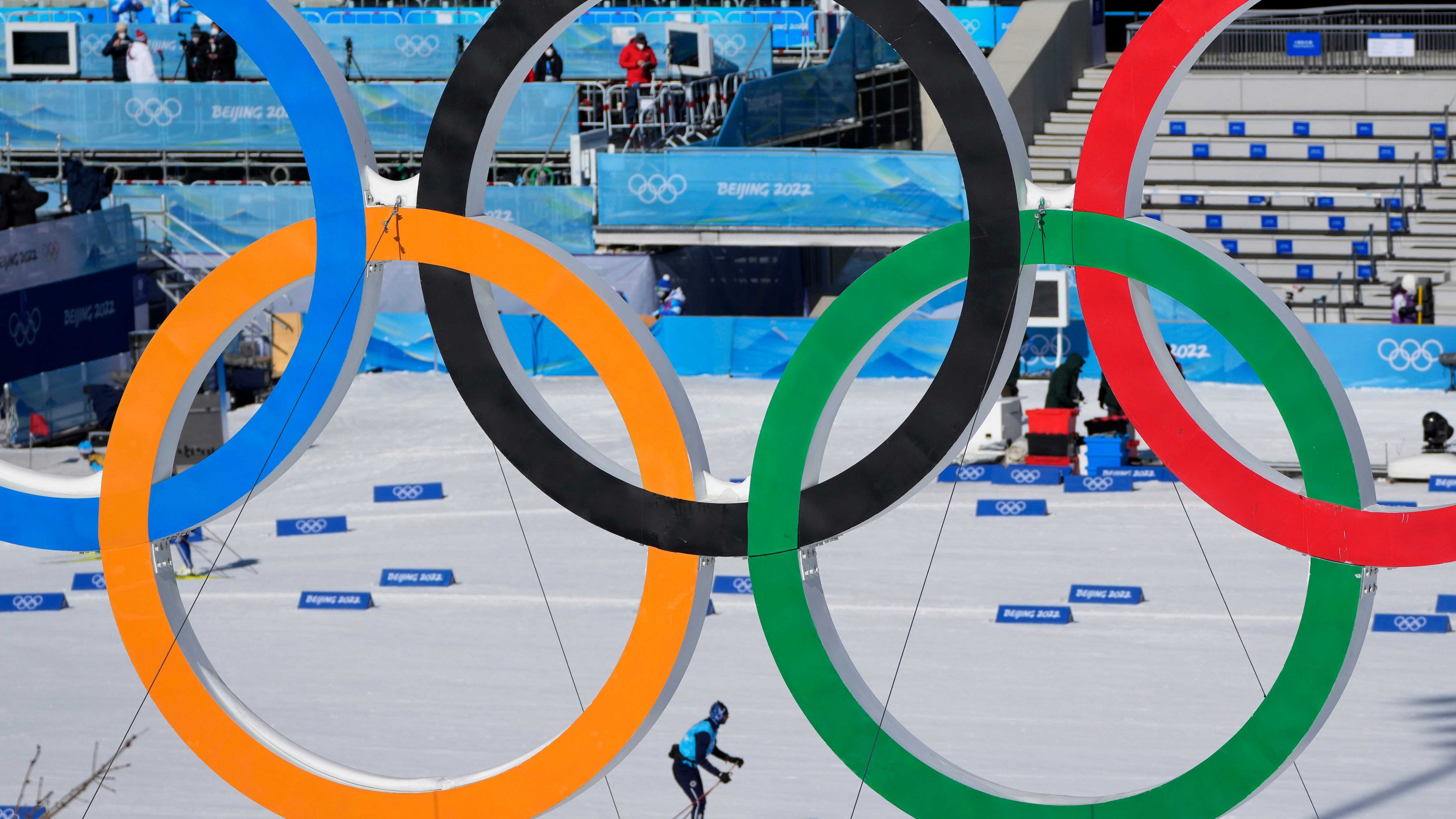 Skiers train in cross-country skiing practice before the 2022 Winter Olympics, Wednesday, Feb. 2, 2022, in Zhangjiakou, China. (AP Photo/Aaron Favila)