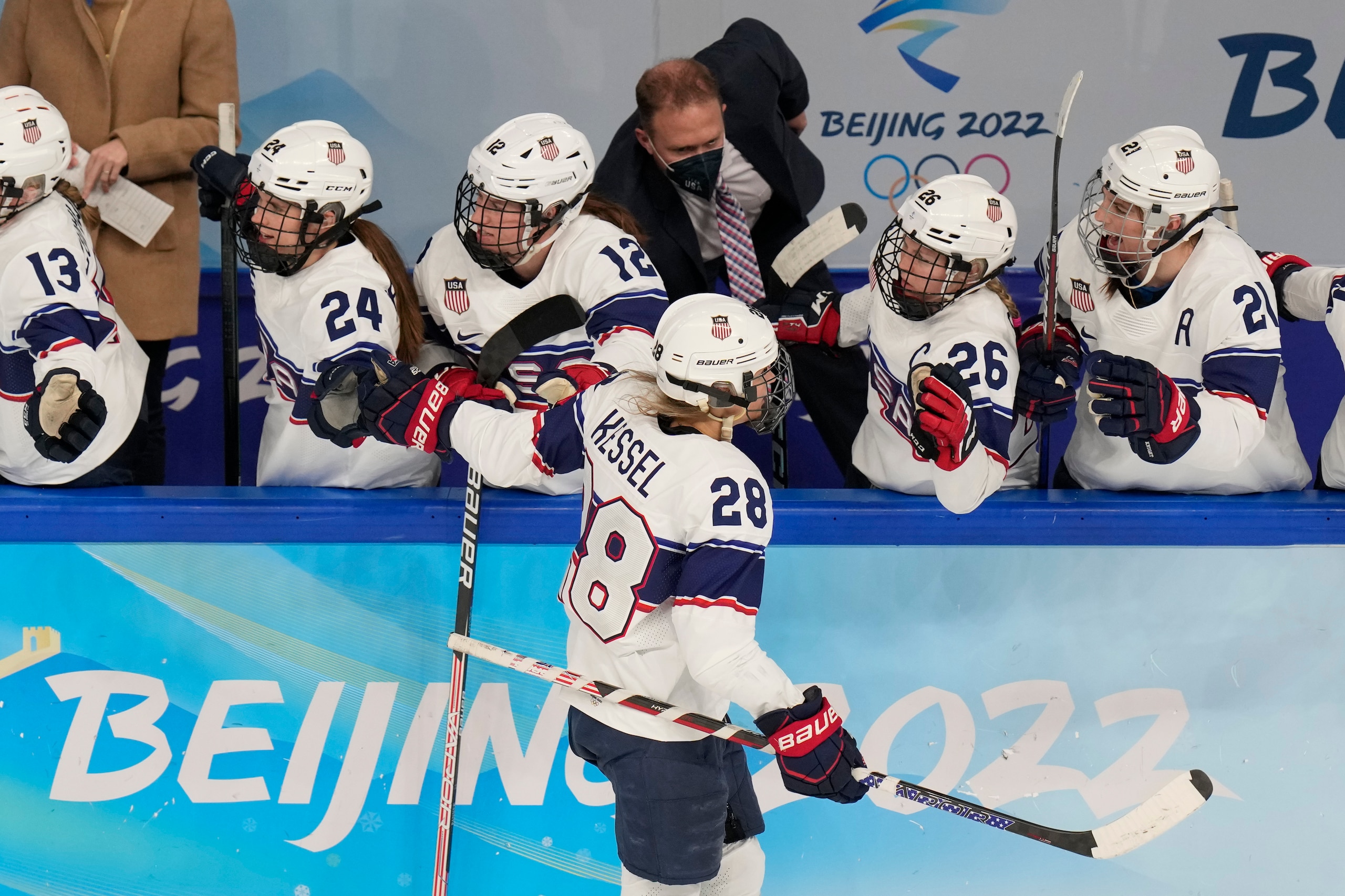 United States' Amanda Kessel (28) is congratulated after scoring a goal against Finland during a preliminary round women's hockey game at the 2022 Winter Olympics, Thursday, Feb. 3, 2022, in Beijing. (AP Photo/Petr David Josek)