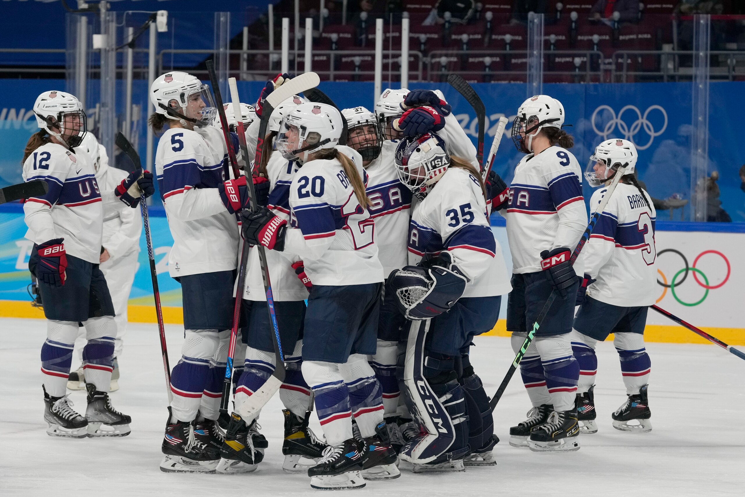 United States players celebrate after a win over Finland in a preliminary round women's hockey game at the 2022 Winter Olympics, Thursday, Feb. 3, 2022, in Beijing. (AP Photo/Petr David Josek) United States players celebrate after a win over Finland in a preliminary round women's hockey game at the 2022 Winter Olympics, Thursday, Feb. 3, 2022, in Beijing. (AP Photo/Petr David Josek)