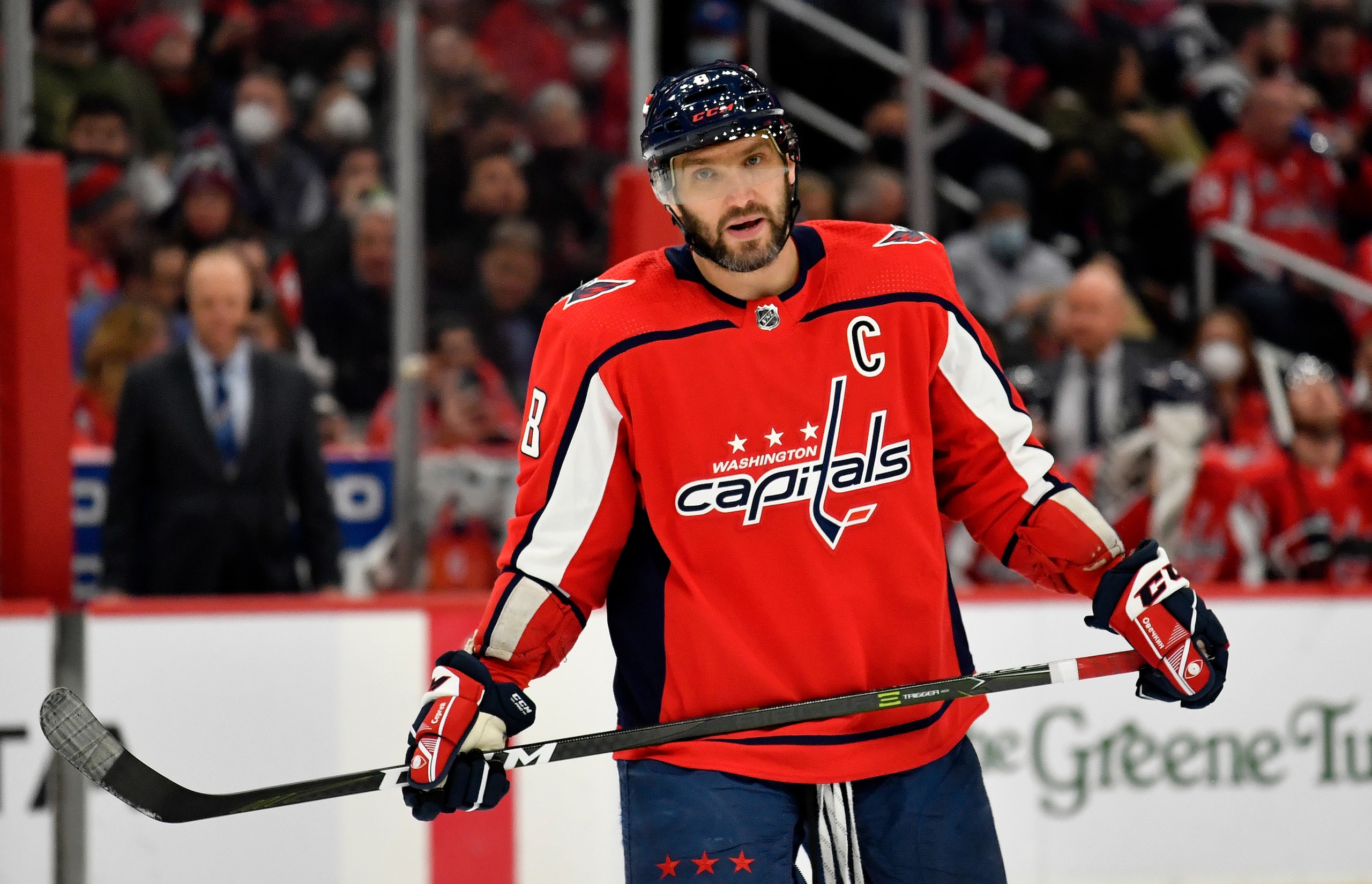 WASHINGTON, DC - JANUARY 24: Capitals left wing Alexander Alex Ovechkin (8) waits for a face-off during the Vegas Golden Knights versus Washington Capitals National Hockey League game on January 24, 2022 at Capital One Arena in Washington, D.C.. (Photo by Randy Litzinger/Icon Sportswire via Getty Images)