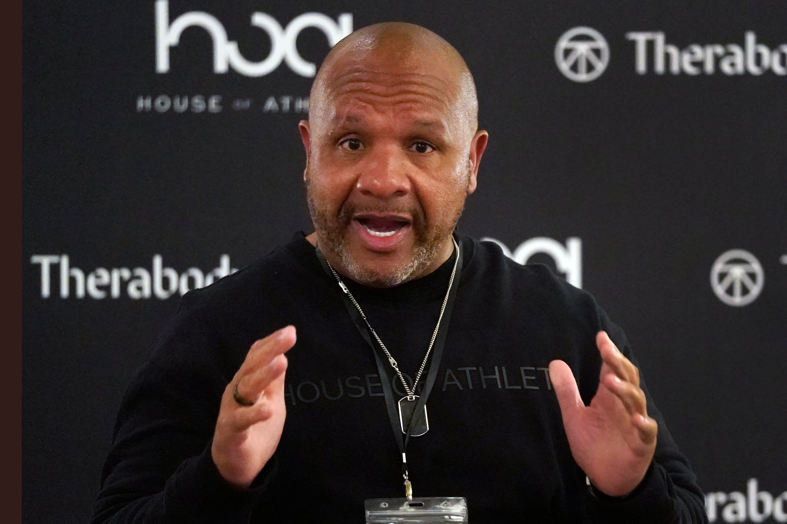 FILE - Former Cleveland Browns head coach Hue Jackson speaks during the first day of the House of Athlete Scouting Combine in Plantation, Fla., on March 3, 2021. Jackson is taking over as the coach of Grambling’s storied college football program, after the school fired eighth-year coach Broderick Fobbs last month. (AP Photo/Wilfredo Lee, File)