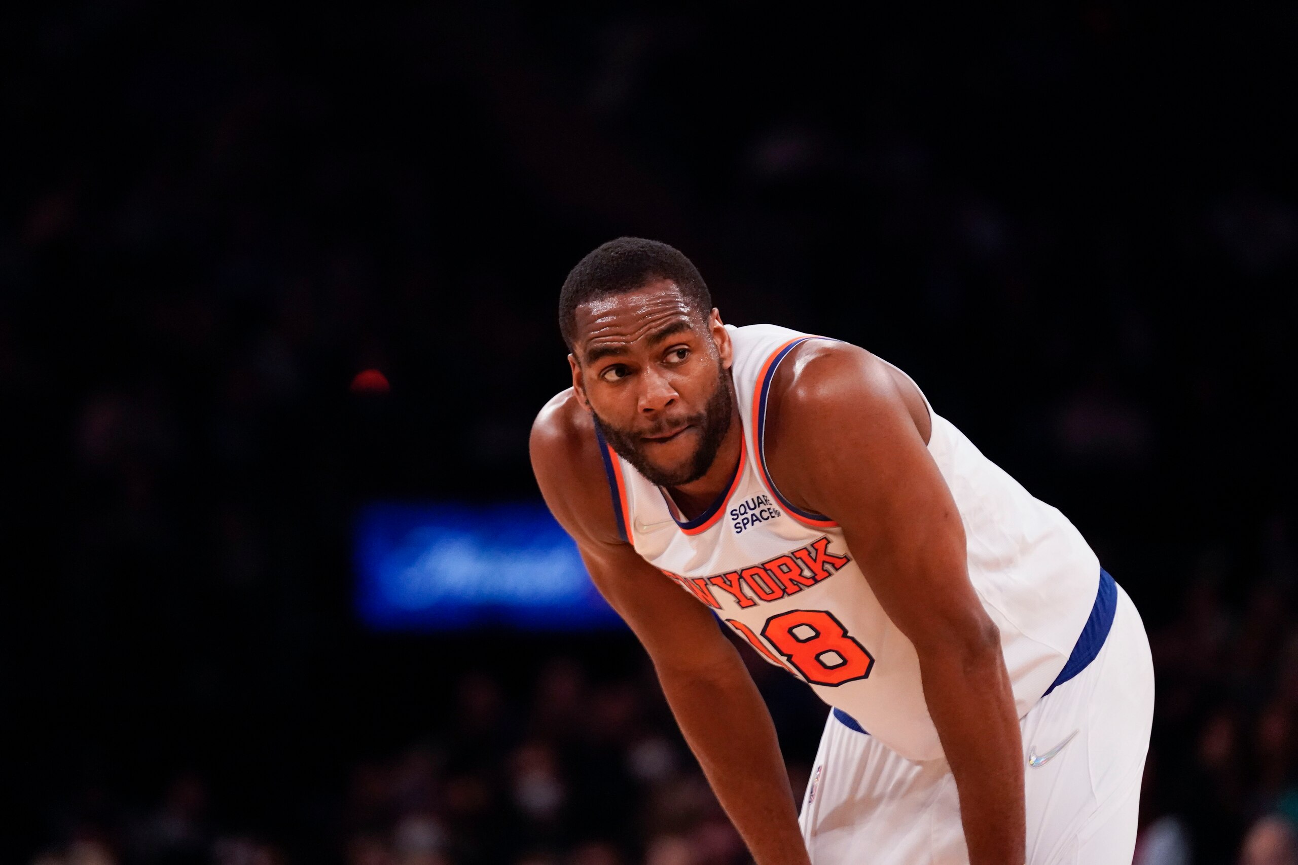 New York Knicks' Alec Burks during the first half of the NBA basketball game against the Sacramento Kings, Monday, Jan. 31, 2022, in New York. (AP Photo/Seth Wenig)