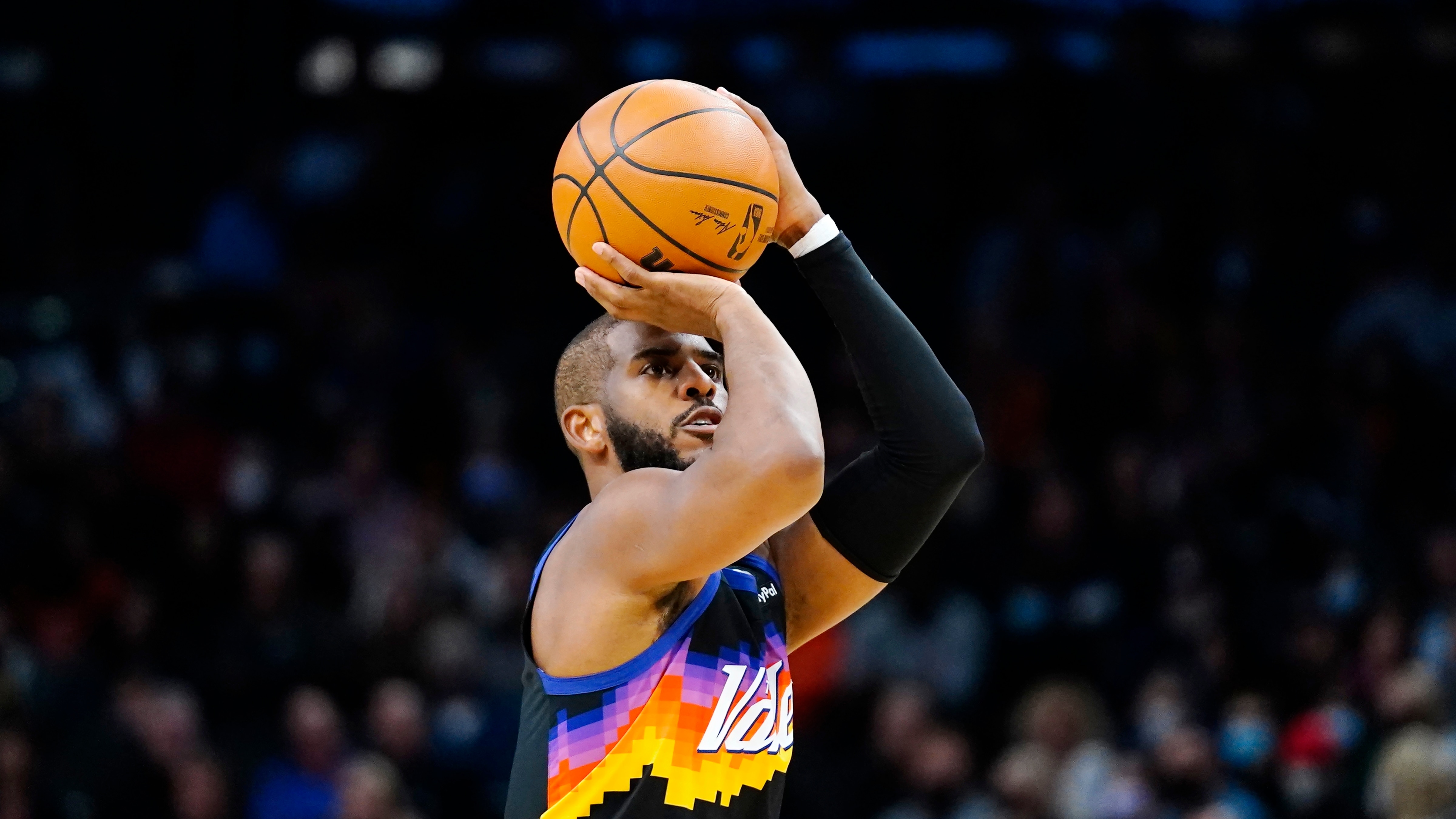 Phoenix Suns guard Chris Paul shoots a jumper against the Indiana Pacers during the second half of an NBA basketball game Saturday, Jan. 22, 2022, in Phoenix. The Suns won 113-103. (AP Photo/Ross D. Franklin)