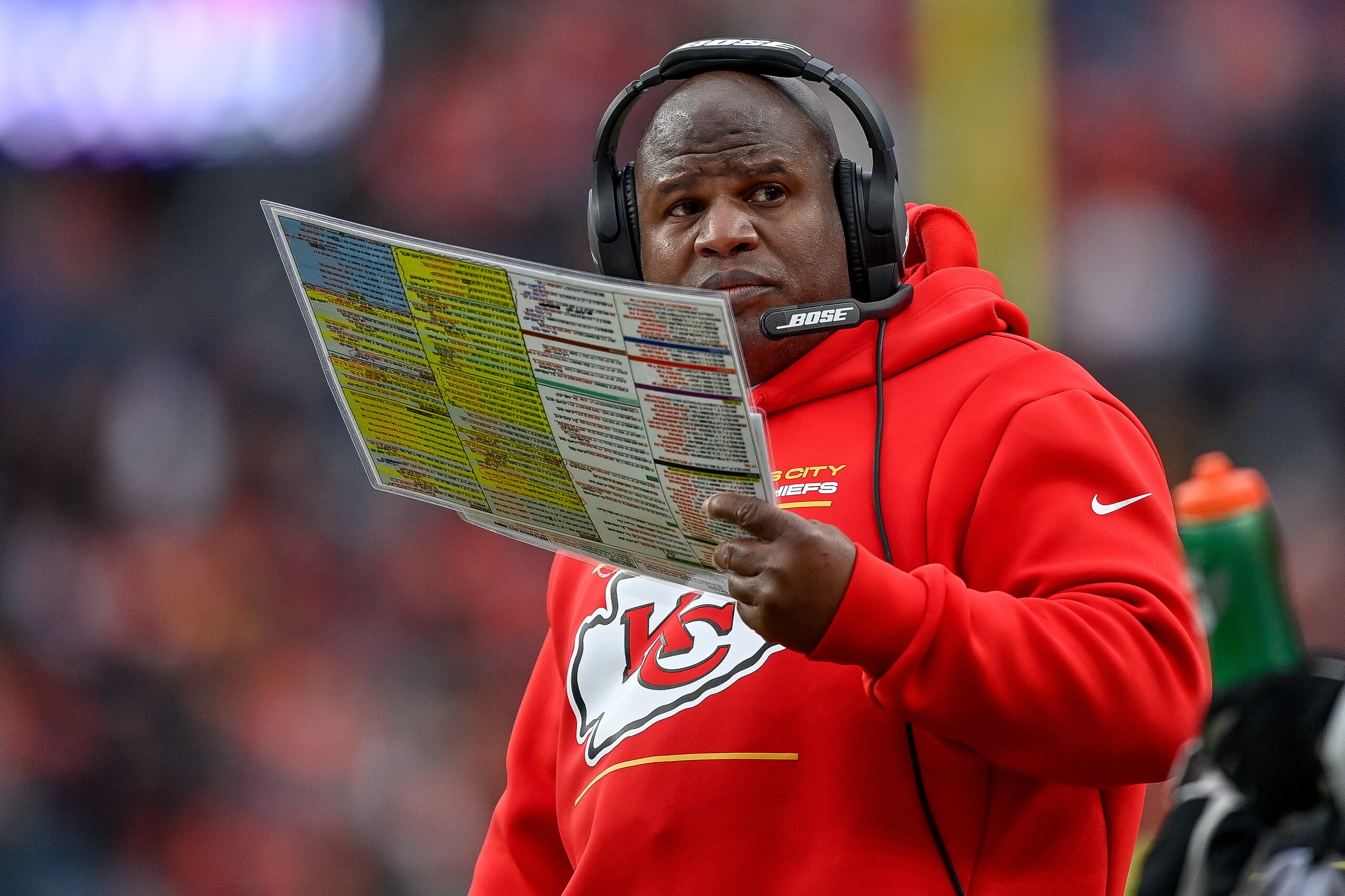 DENVER, COLORADO - JANUARY 08:  Offensive coordinator Eric Bieniemy of the Kansas City Chiefs looks on during a game against the Denver Broncos at Empower Field at Mile High on January 8, 2022 in Denver, Colorado. (Photo by Dustin Bradford/Getty Images)