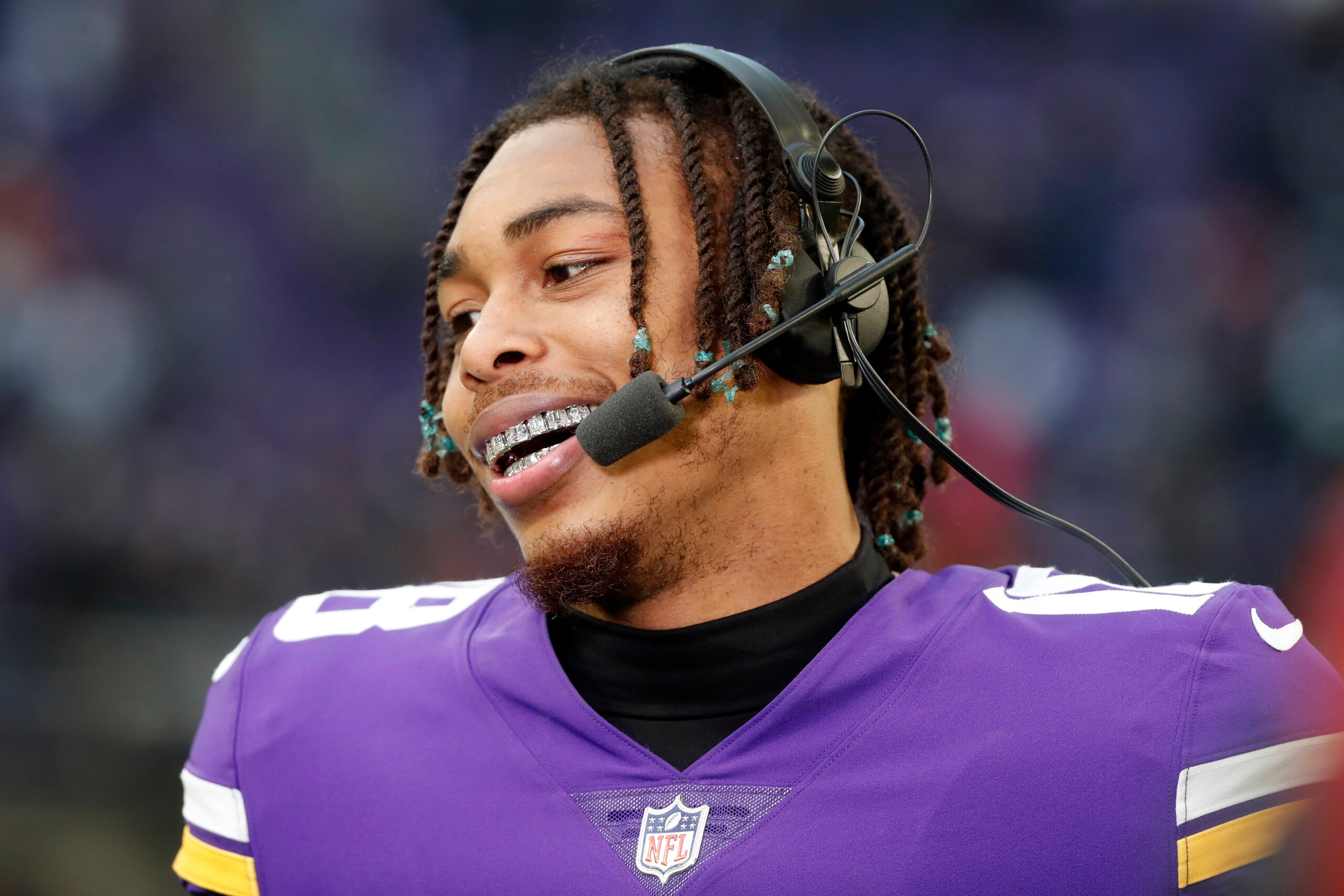 Minnesota Vikings wide receiver Justin Jefferson is interviewed after an NFL football game against the Chicago Bears, Sunday, Jan. 9, 2022, in Minneapolis. The Vikings won 31-17. (AP Photo/Bruce Kluckhohn)