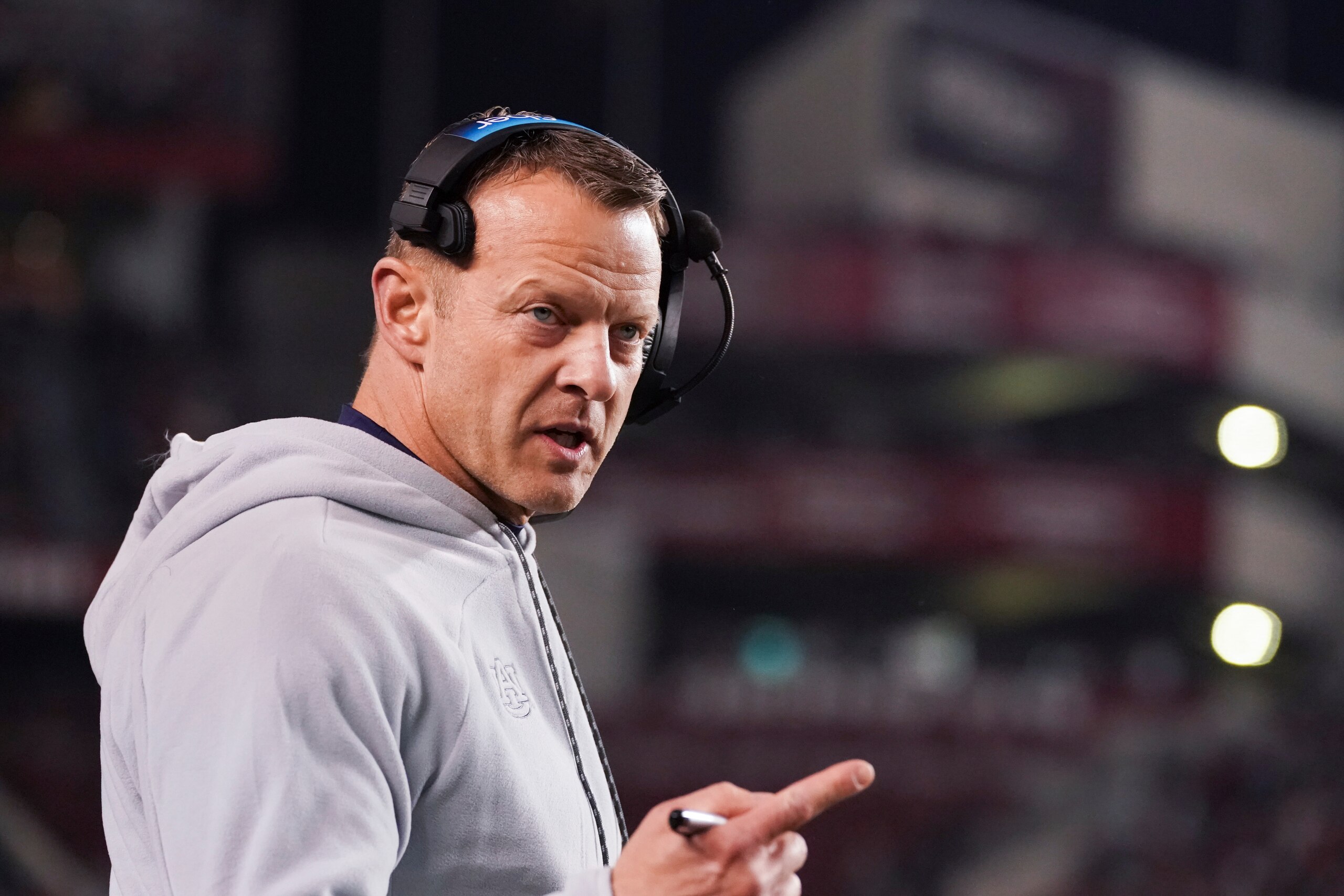 Auburn head coach Bryan Harsin talks to an official during the first half of an NCAA college football game against South Carolina, Saturday, Nov. 20, 2021, in Columbia, S.C. (AP Photo/Sean Rayford) Auburn head coach Bryan Harsin talks to an official during the first half of an NCAA college football game against South Carolina, Saturday, Nov. 20, 2021, in Columbia, S.C. (AP Photo/Sean Rayford)