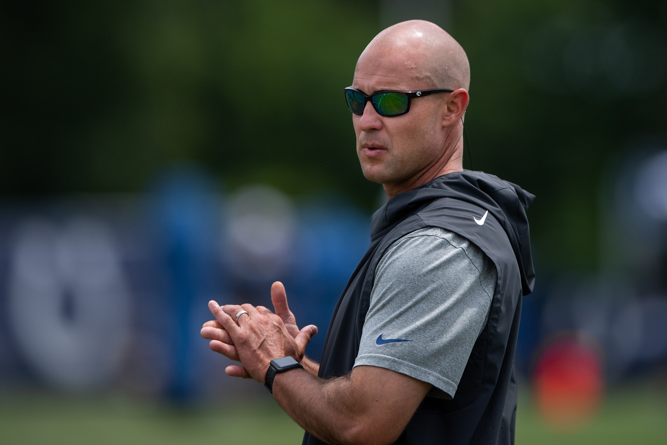 WESTFIELD, IN - JULY 26: Indianapolis Colts assistant general manager Ed Dodds watches a drill during the Indianapolis Colts training camp practice on July 26, 2019 at the Grand Park Sports Campus in Westfield, IN. (Photo by Zach Bolinger/Icon Sportswire via Getty Images)