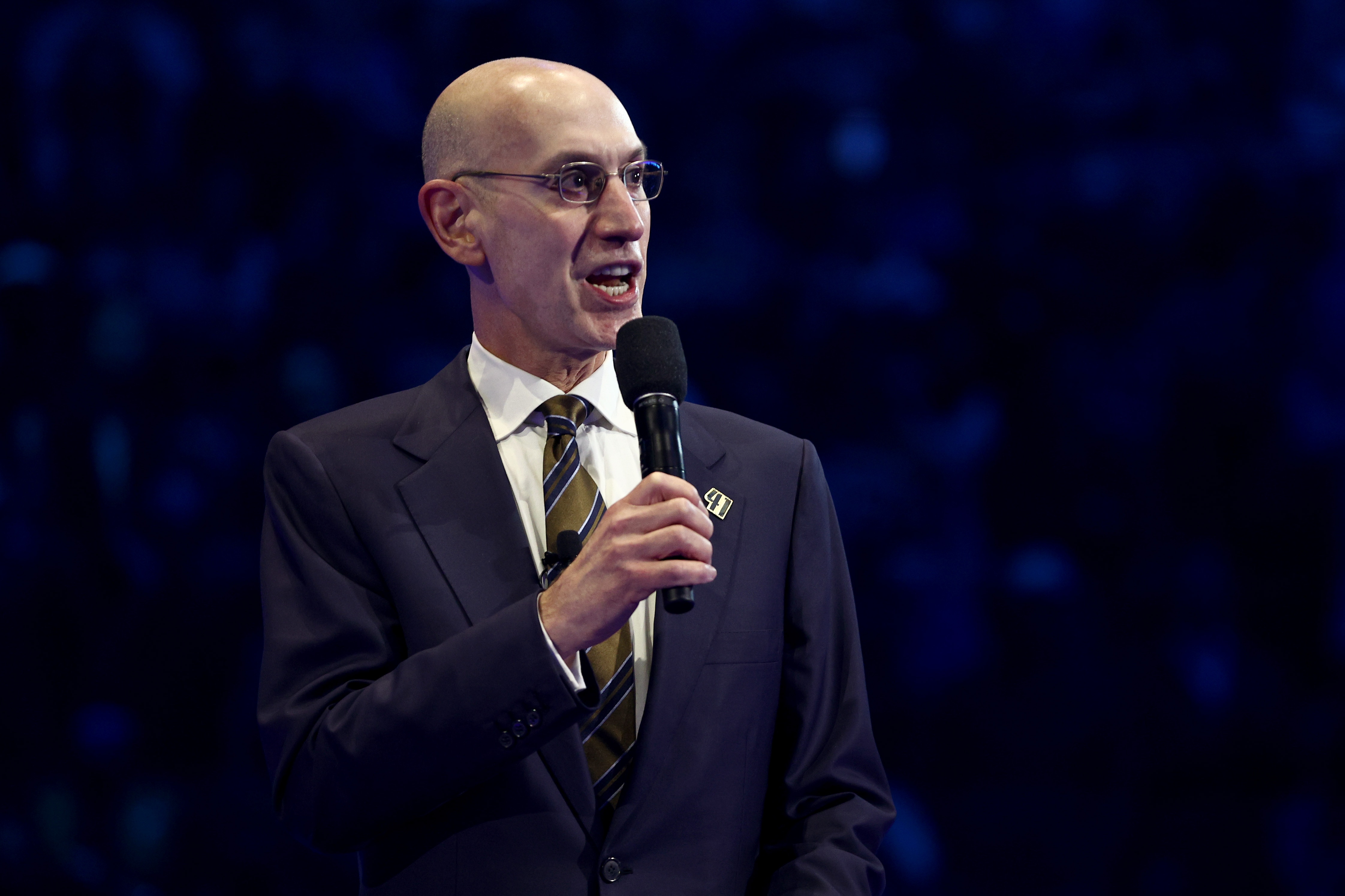 DALLAS, TEXAS - JANUARY 05: NBA Commissioner Adam Silver participates in a ceremony honoring former plater Dirk Nowitzki and retiring his No. 41 jersey at American Airlines Center on January 05, 2022 in Dallas, Texas.  NOTE TO USER: User expressly acknowledges and agrees that, by downloading and or using this photograph, User is consenting to the terms and conditions of the Getty Images License Agreement. (Photo by Tom Pennington/Getty Images)