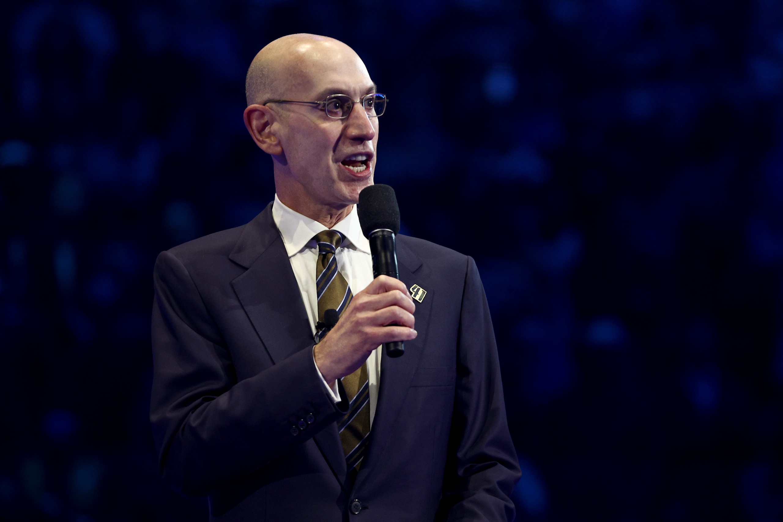 DALLAS, TEXAS - JANUARY 05: NBA Commissioner Adam Silver participates in a ceremony honoring former plater Dirk Nowitzki and retiring his No. 41 jersey at American Airlines Center on January 05, 2022 in Dallas, Texas.  NOTE TO USER: User expressly acknowledges and agrees that, by downloading and or using this photograph, User is consenting to the terms and conditions of the Getty Images License Agreement. (Photo by Tom Pennington/Getty Images)
