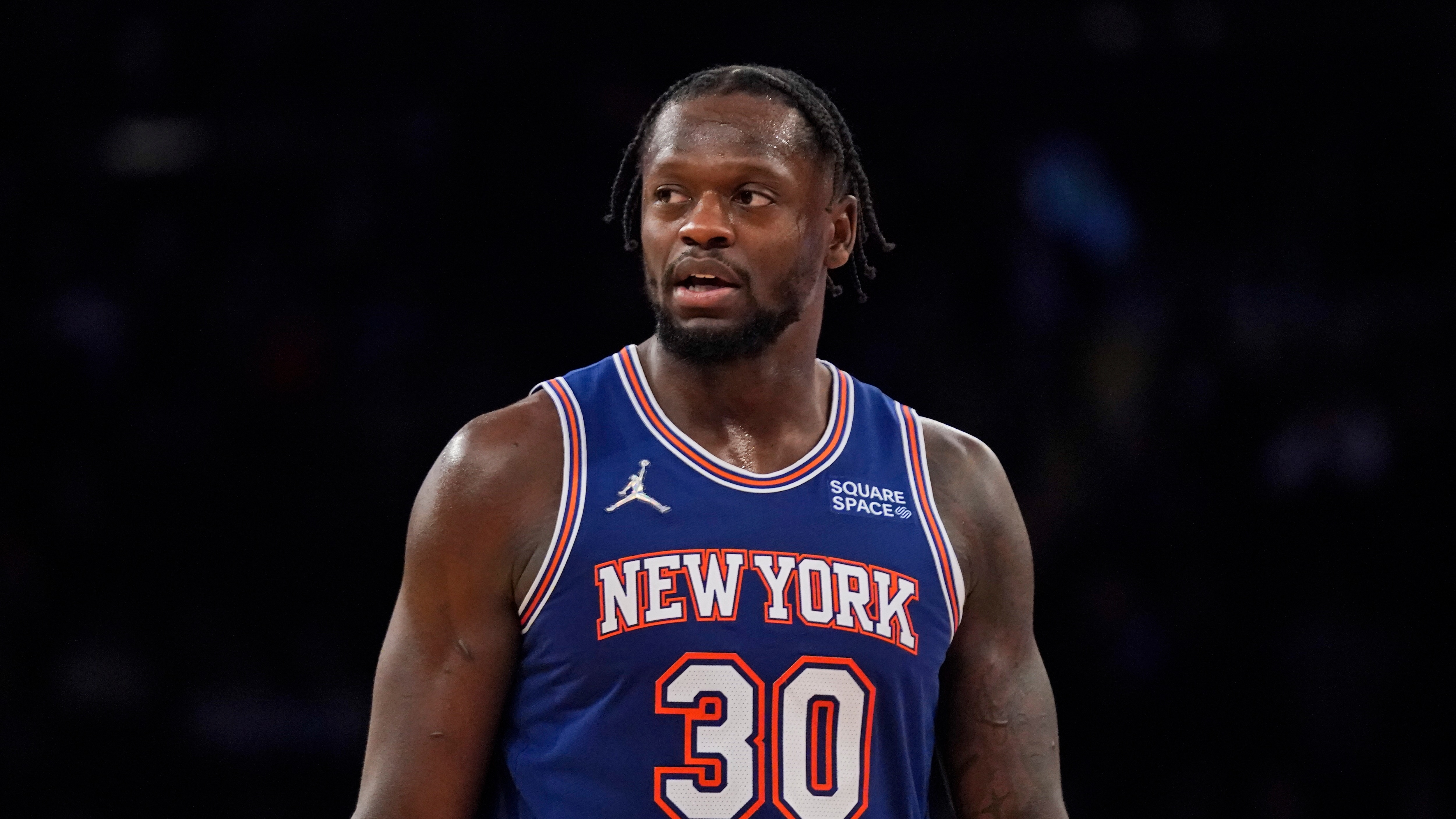 New York Knicks' Julius Randle during the second half of an NBA basketball game against the Memphis Grizzlies, Wednesday, Feb. 2, 2022, in New York. The Grizzlies defeated the Knicks 120-108. (AP Photo/Seth Wenig)