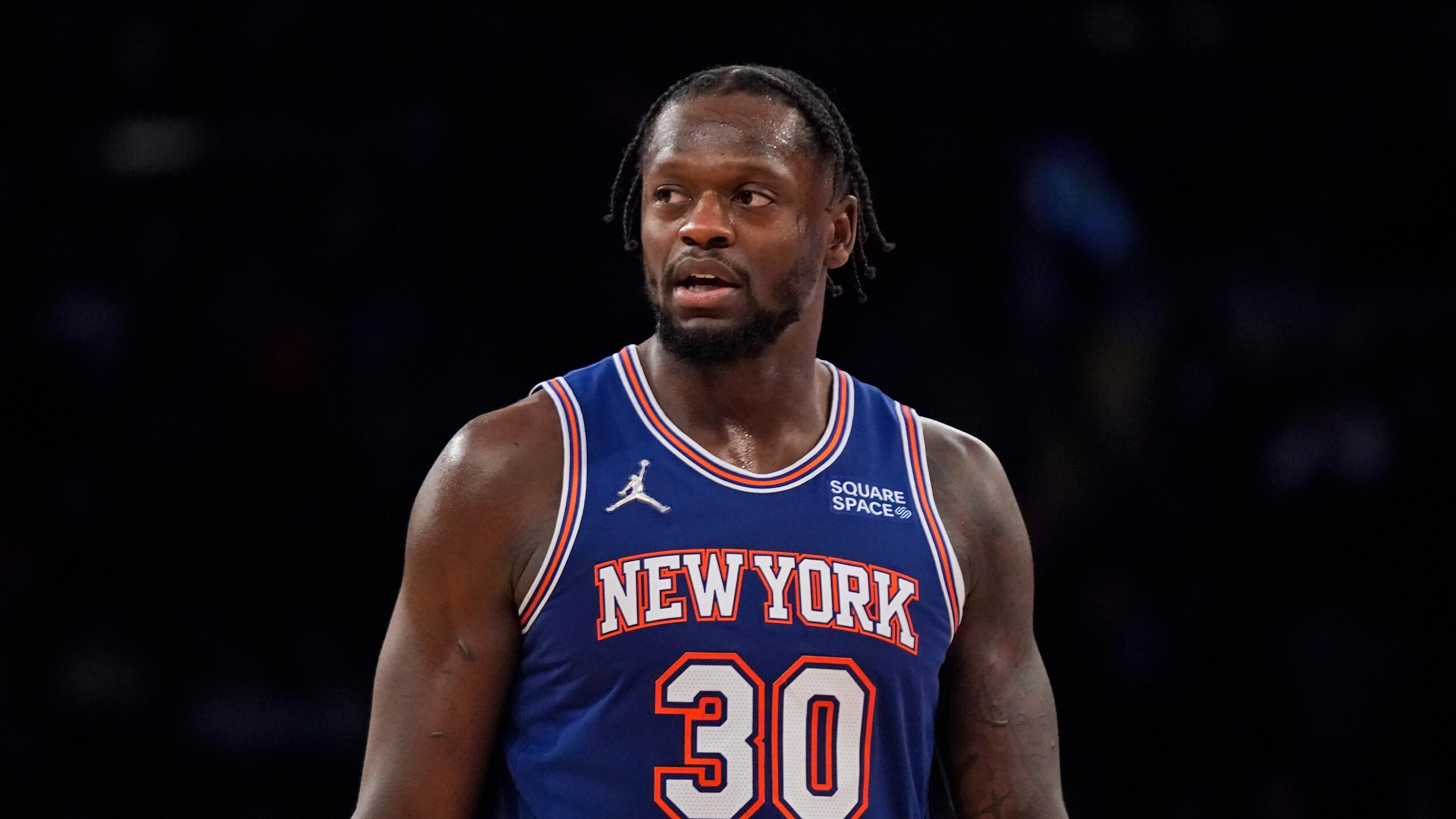 New York Knicks' Julius Randle during the second half of an NBA basketball game against the Memphis Grizzlies, Wednesday, Feb. 2, 2022, in New York. The Grizzlies defeated the Knicks 120-108. (AP Photo/Seth Wenig)