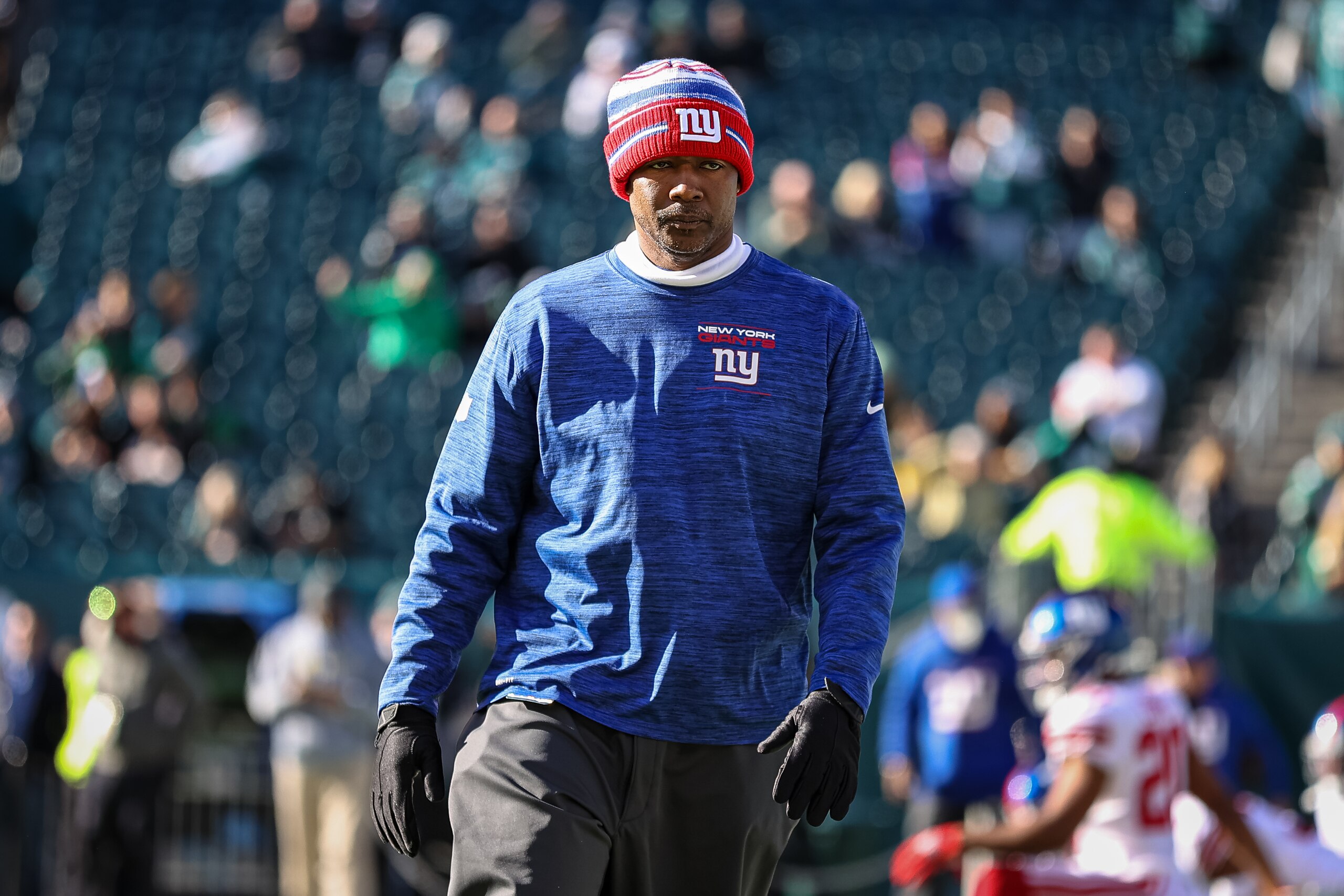 PHILADELPHIA, PA - DECEMBER 26: Defensive coordinator Patrick Graham of the New York Giants looks on before the game at Lincoln Financial Field on December 26, 2021 in Philadelphia, Pennsylvania. (Photo by Scott Taetsch/Getty Images) No licensing by any casino, sportsbook, and/or fantasy sports organization for any purpose. During game play, no use of images within play-by-play, statistical account or depiction of a game (e.g., limited to use of fewer than 10 images during the game).