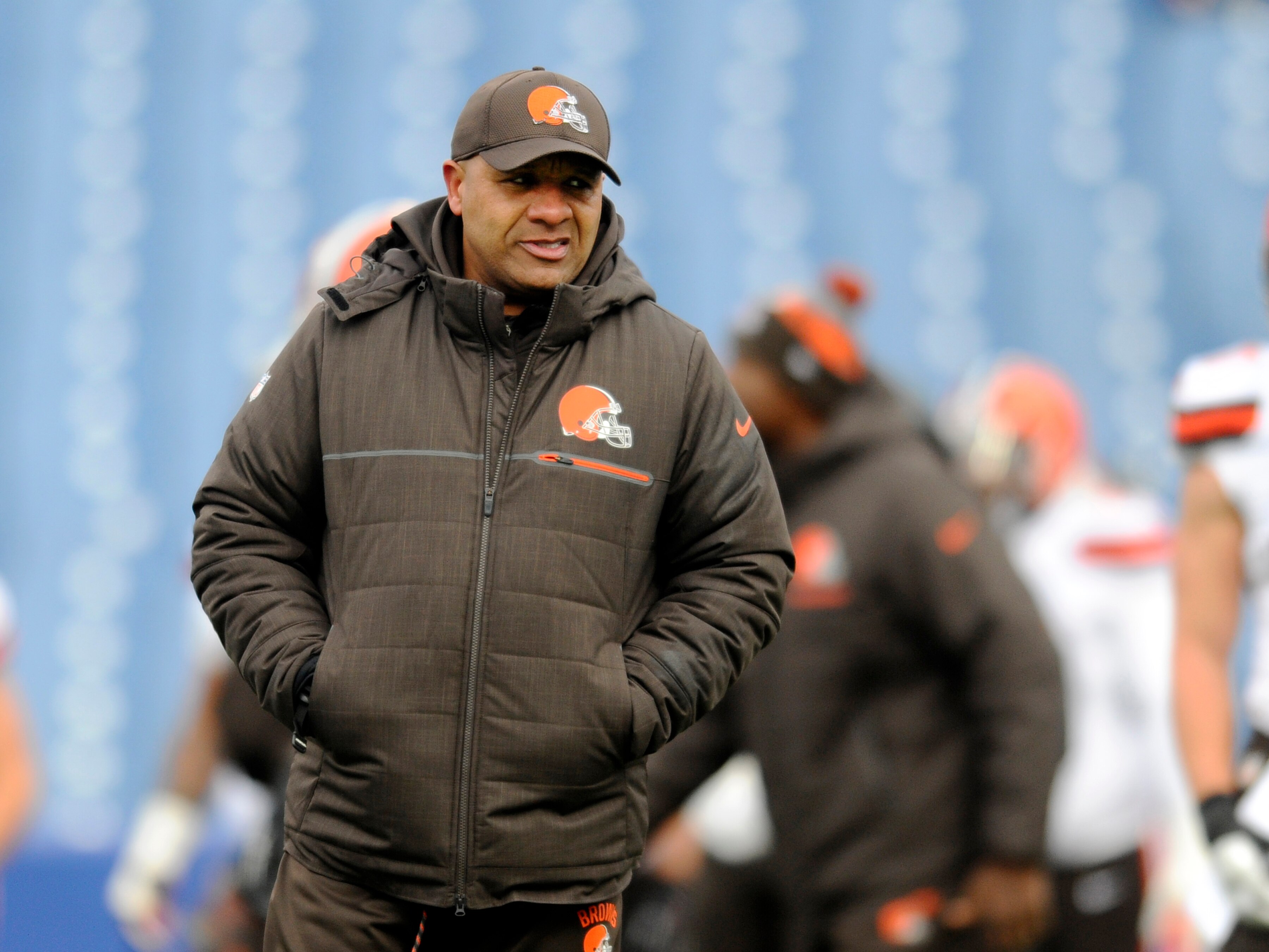 ORCHARD PARK, NY - DECEMBER 18, 2016: Head coach Hue Jackson of the Cleveland Browns walks onto the field prior to a game against the Buffalo Bills on December 16, 2016 at New Era Field in Orchard Park, New York. Buffalo won 33-13. (Photo by: Nick Cammett/Diamond Images/Getty Images)  