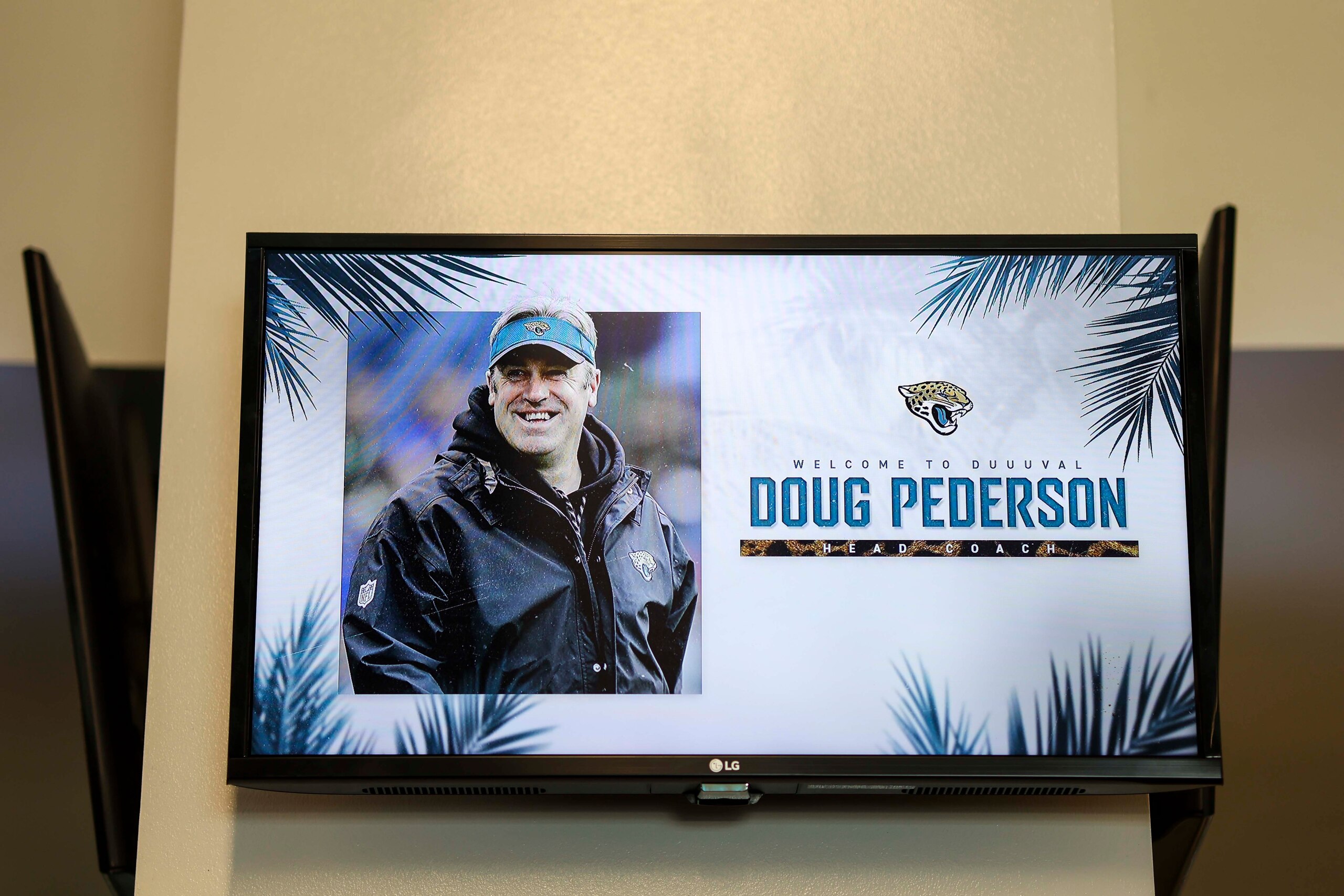JACKSONVILLE, FLORIDA - FEBRUARY 05: A message is seen welcoming Doug Pederson as the new Head coach of the Jacksonville Jaguars before a press conference at TIAA Bank Stadium on February 05, 2022 in Jacksonville, Florida. (Photo by James Gilbert/Getty Images)
