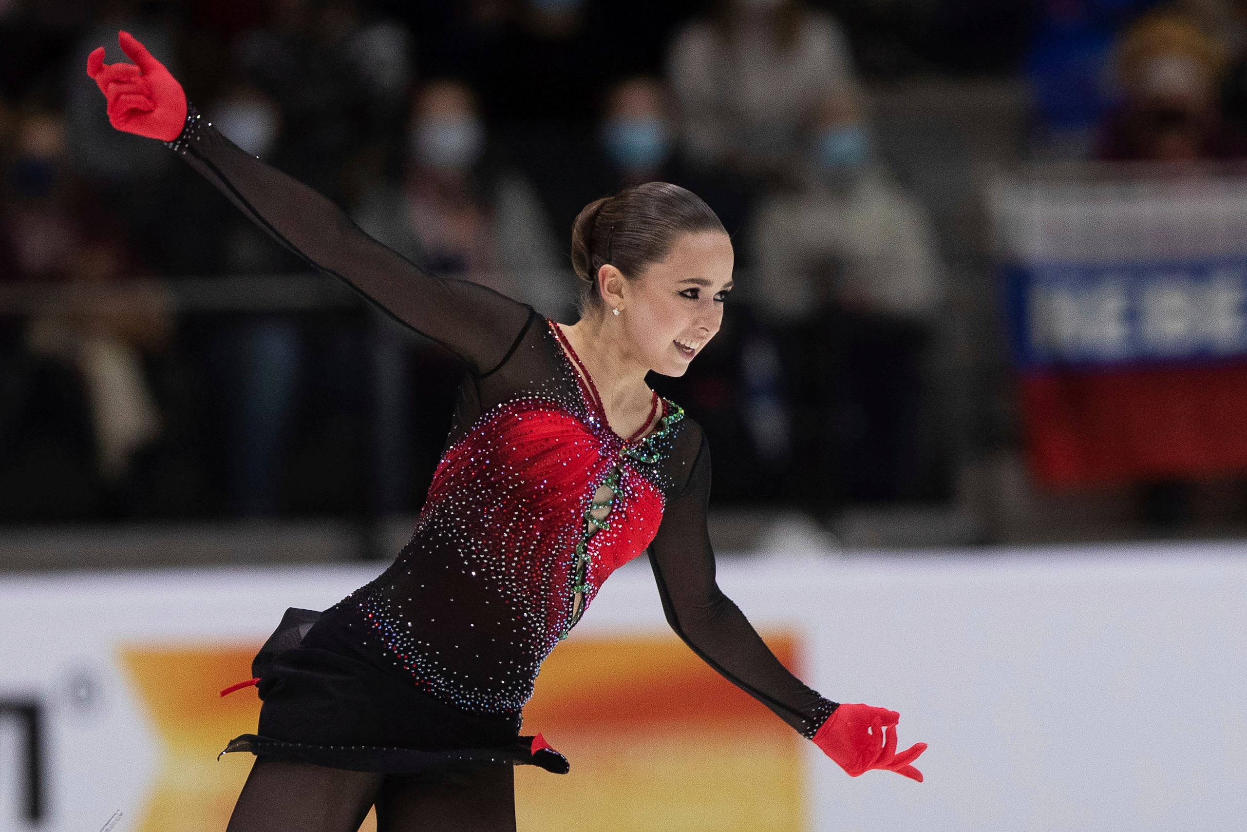 Russia's Kamila Valieva performs during the women's free skating competition of the ISU European Figure Skating Championships in Tallinn, Estonia, Saturday, Jan. 15, 2022. (AP Photo/Raul Mee)