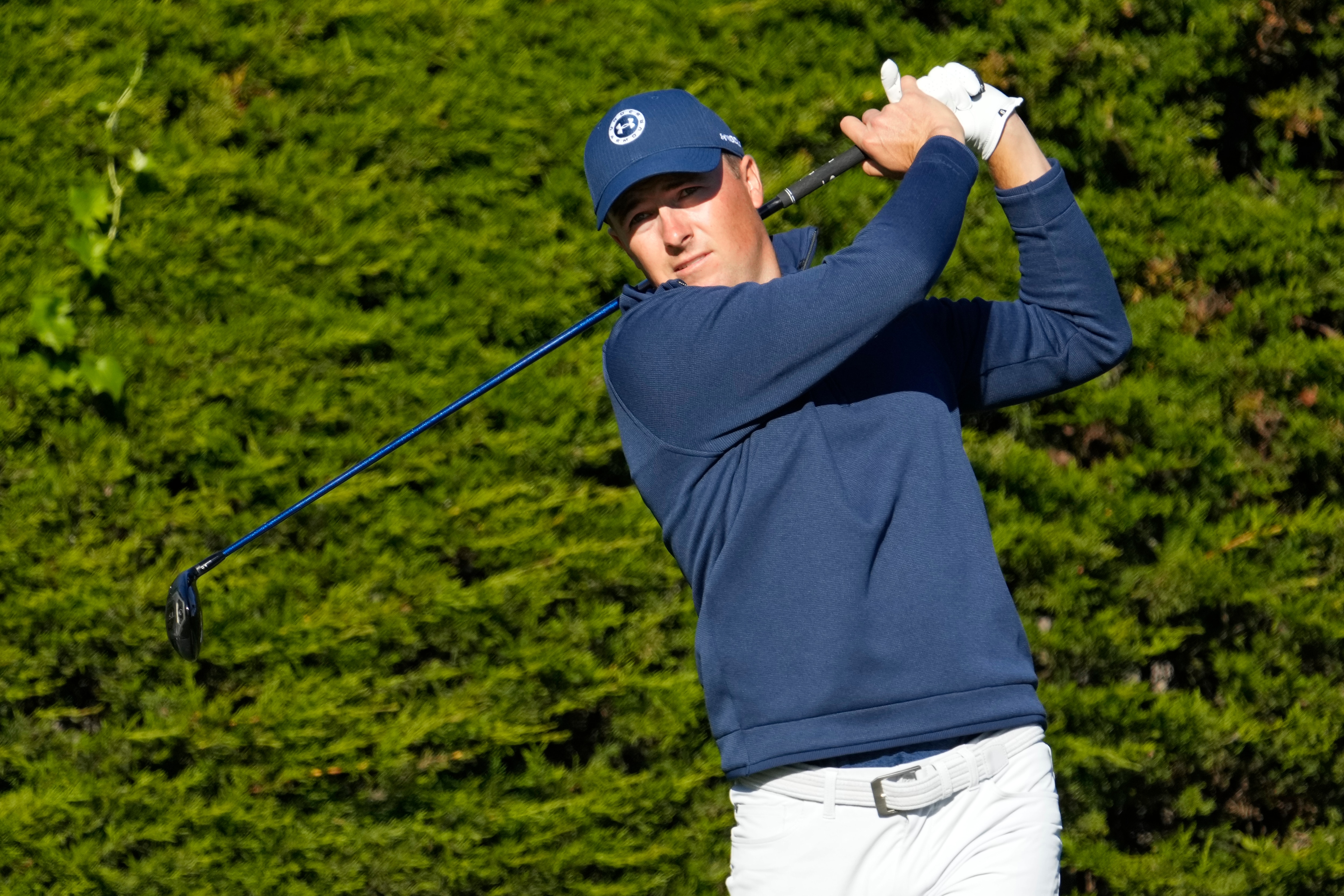 Jordan Spieth follows his drive from the second tee of the Monterey Peninsula Country Club Shore Course during the first round of the AT&T Pebble Beach Pro-Am golf tournament in Pebble Beach, Calif., Thursday, Feb. 3, 2022. (AP Photo/Tony Avelar)