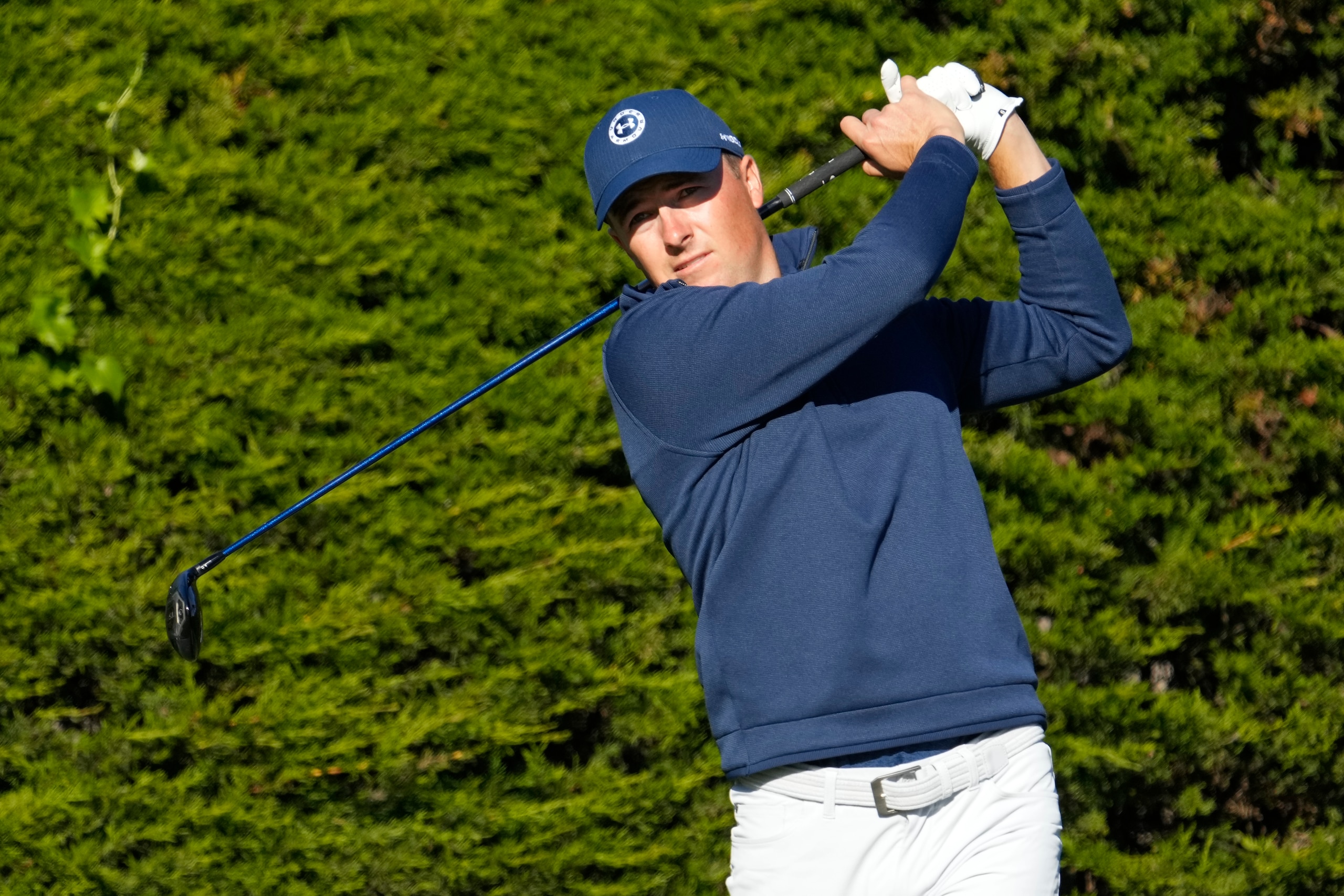 Jordan Spieth follows his drive from the second tee of the Monterey Peninsula Country Club Shore Course during the first round of the AT&T Pebble Beach Pro-Am golf tournament in Pebble Beach, Calif., Thursday, Feb. 3, 2022. (AP Photo/Tony Avelar)