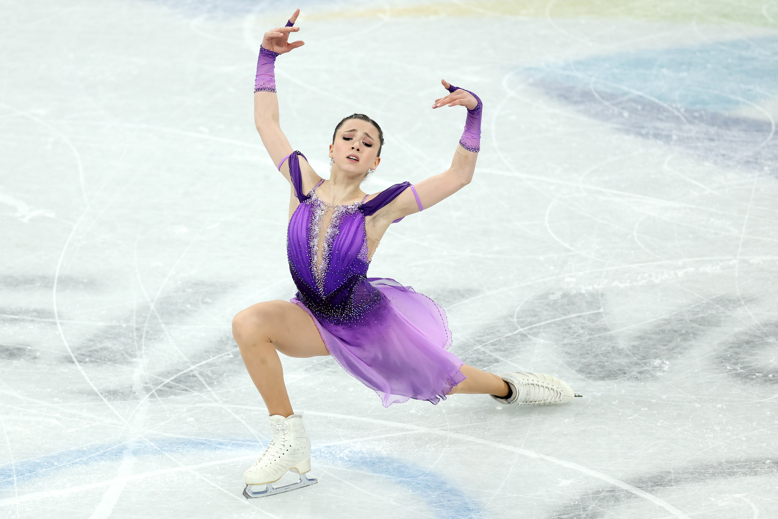 BEIJING, CHINA - FEBRUARY 06: Kamila Valieva of Team ROC skates during the Women Single Skating Short Program Team Event on day two of the Beijing 2022 Winter Olympic Games at Capital Indoor Stadium on February 06, 2022 in Beijing, China. (Photo by Matthew Stockman/Getty Images)