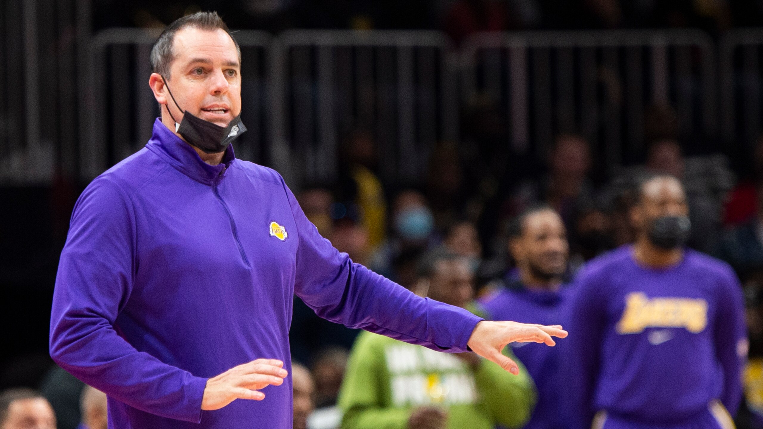 Los Angeles Lakers head coach Frank Vogel is shown during the first half of an NBA basketball game against the Atlanta Hawks Sunday, Jan. 30, 2022, in Atlanta. (AP Photo/Hakim Wright Sr.)