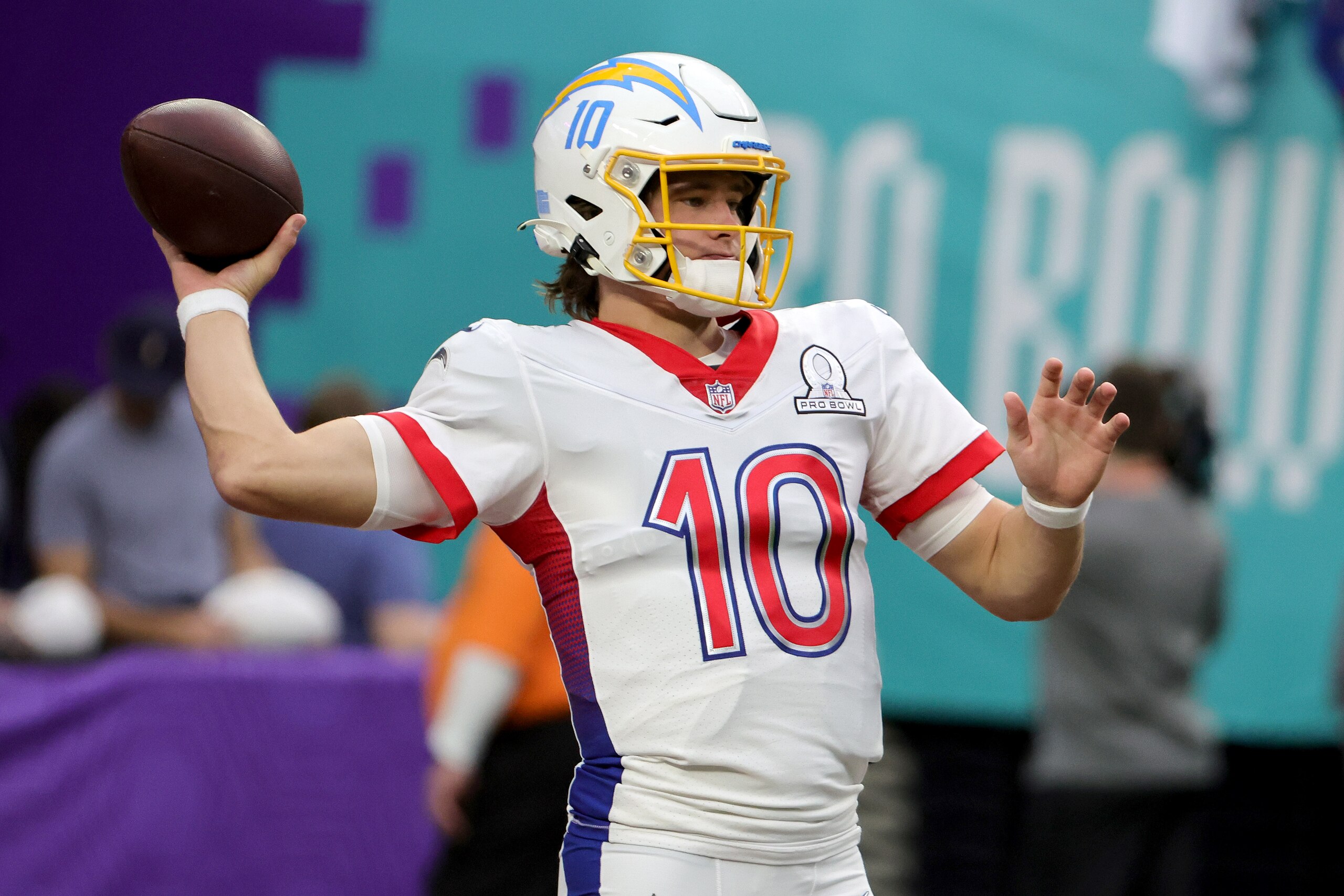 LAS VEGAS, NEVADA - FEBRUARY 06: Justin Herbert #10 of the Los Angeles Chargers warms up before the 2022 NFL Pro Bowl at Allegiant Stadium on February 06, 2022 in Las Vegas, Nevada. (Photo by Ethan Miller/Getty Images)