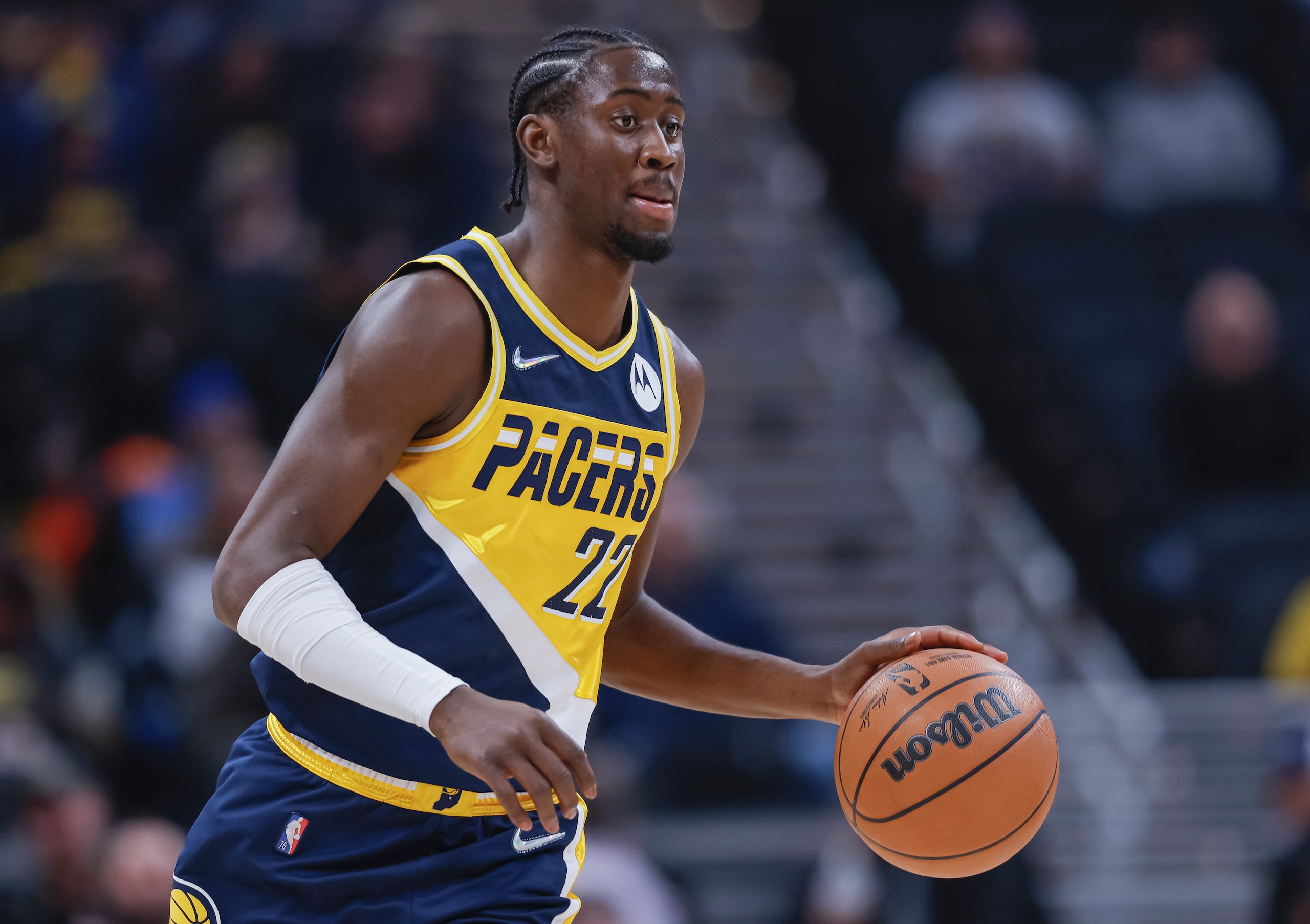 INDIANAPOLIS, IN - FEBRUARY 02: Caris LeVert #22 of the Indiana Pacers brings the ball up court during the game against the Orlando Magic at Gainbridge Fieldhouse on February 2, 2022 in Indianapolis, Indiana. NOTE TO USER: User expressly acknowledges and agrees that, by downloading and or using this photograph, User is consenting to the terms and conditions of the Getty Images License Agreement. (Photo by Michael Hickey/Getty Images)