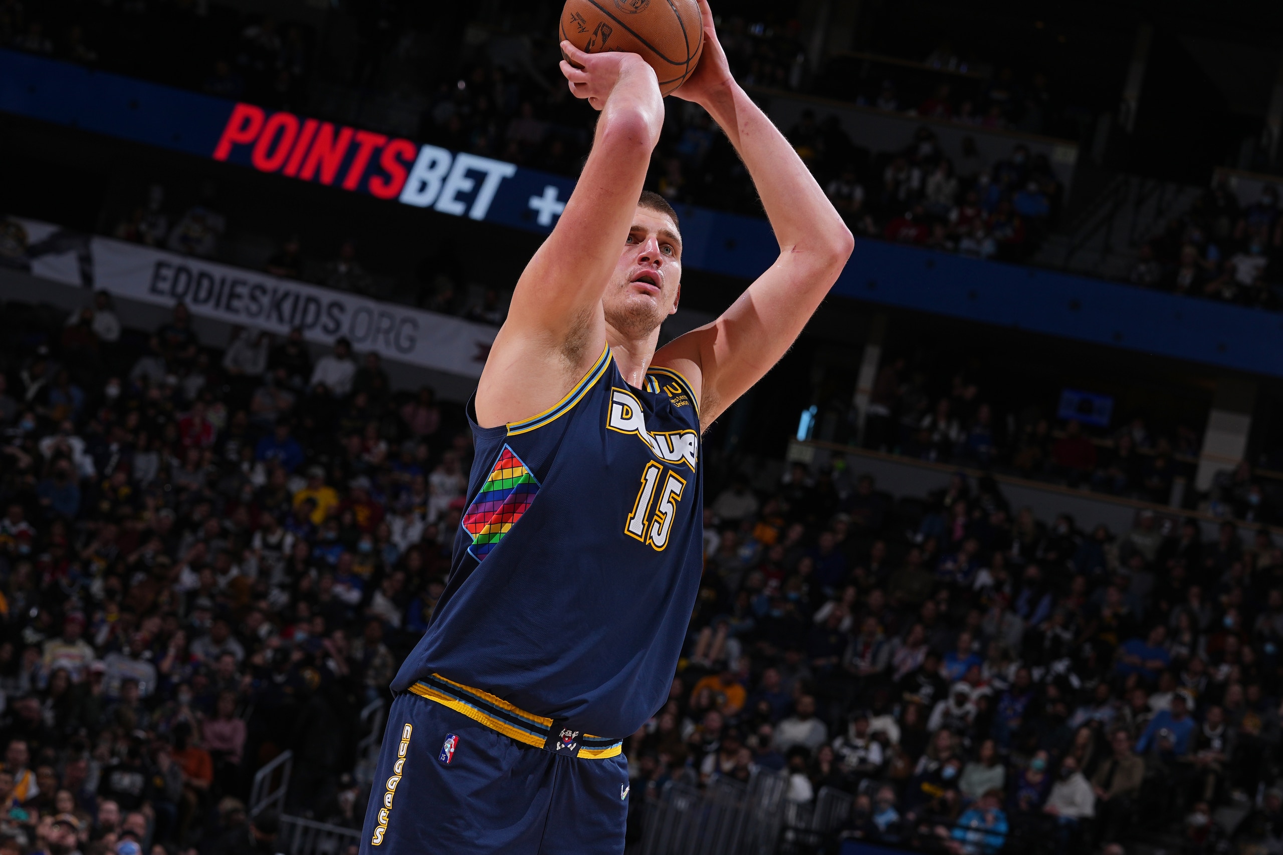 DENVER, CO - FEBRUARY 6: Nikola Jokic #15 of the Denver Nuggets shoots the ball during the game against the Brooklyn Nets on February 6, 2022 at the Ball Arena in Denver, Colorado. NOTE TO USER: User expressly acknowledges and agrees that, by downloading and/or using this Photograph, user is consenting to the terms and conditions of the Getty Images License Agreement. Mandatory Copyright Notice: Copyright 2022 NBAE (Photo by Bart Young/NBAE via Getty Images)