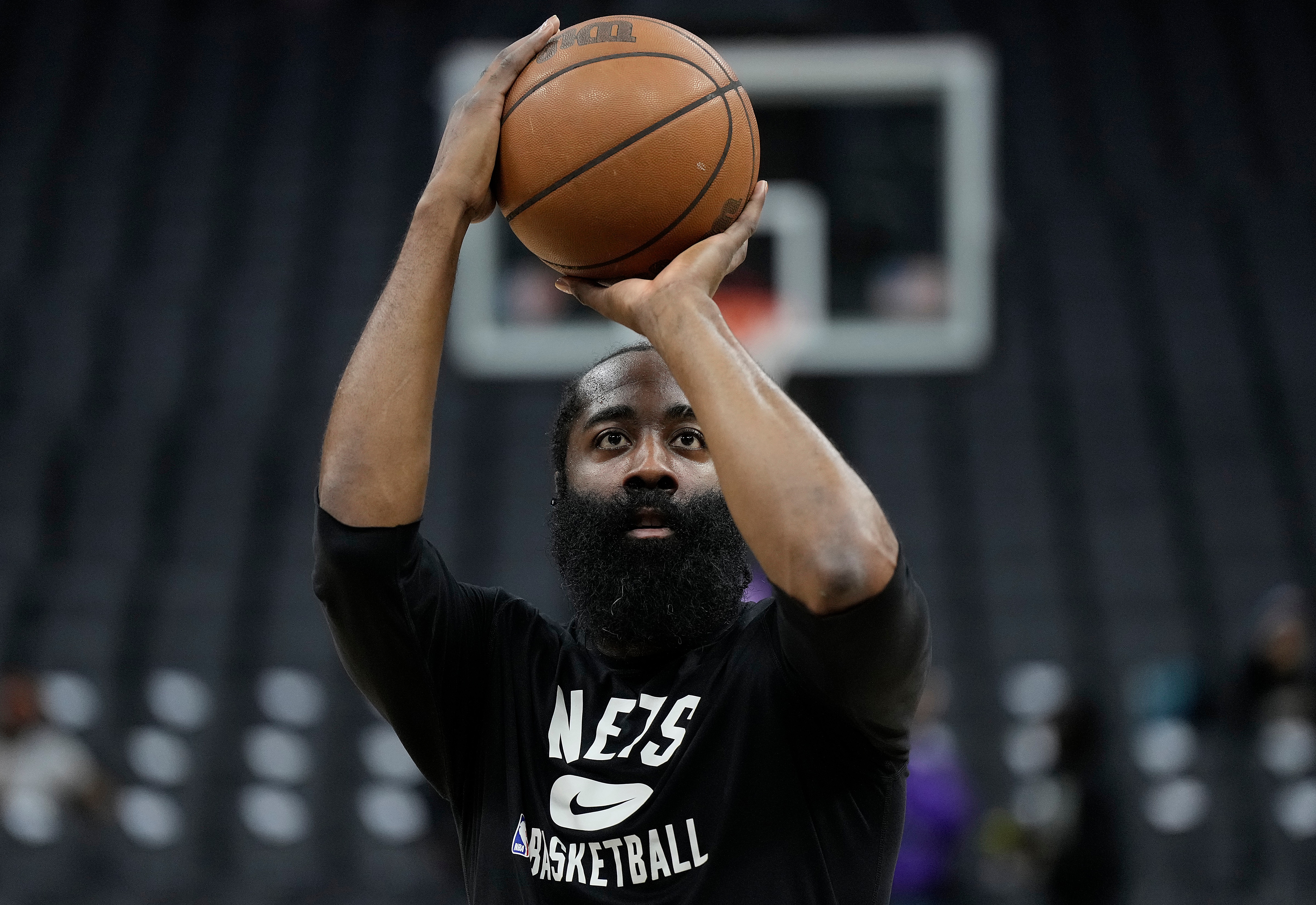 SACRAMENTO, CALIFORNIA - FEBRUARY 02: James Harden #13 of the Brooklyn Nets on the court warming up prior to the start of his game against the Sacramento Kings at Golden 1 Center on February 02, 2022 in Sacramento, California. NOTE TO USER: User expressly acknowledges and agrees that, by downloading and or using this photograph, User is consenting to the terms and conditions of the Getty Images License Agreement. (Photo by Thearon W. Henderson/Getty Images)