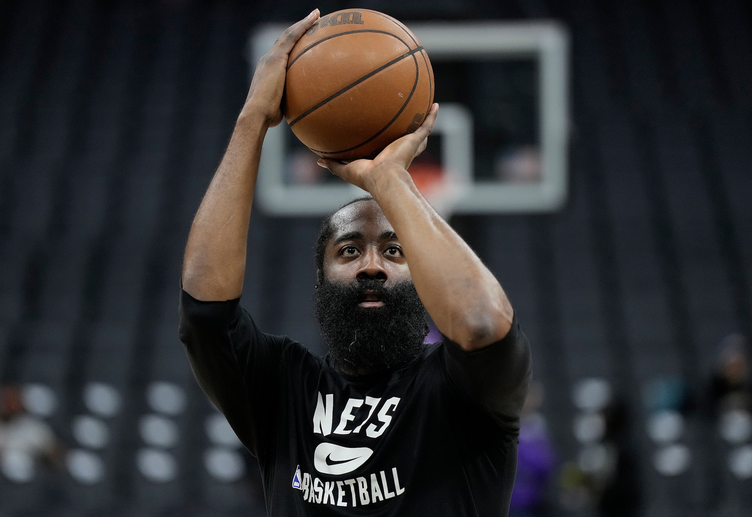 SACRAMENTO, CALIFORNIA - FEBRUARY 02: James Harden #13 of the Brooklyn Nets on the court warming up prior to the start of his game against the Sacramento Kings at Golden 1 Center on February 02, 2022 in Sacramento, California. NOTE TO USER: User expressly acknowledges and agrees that, by downloading and or using this photograph, User is consenting to the terms and conditions of the Getty Images License Agreement. (Photo by Thearon W. Henderson/Getty Images)