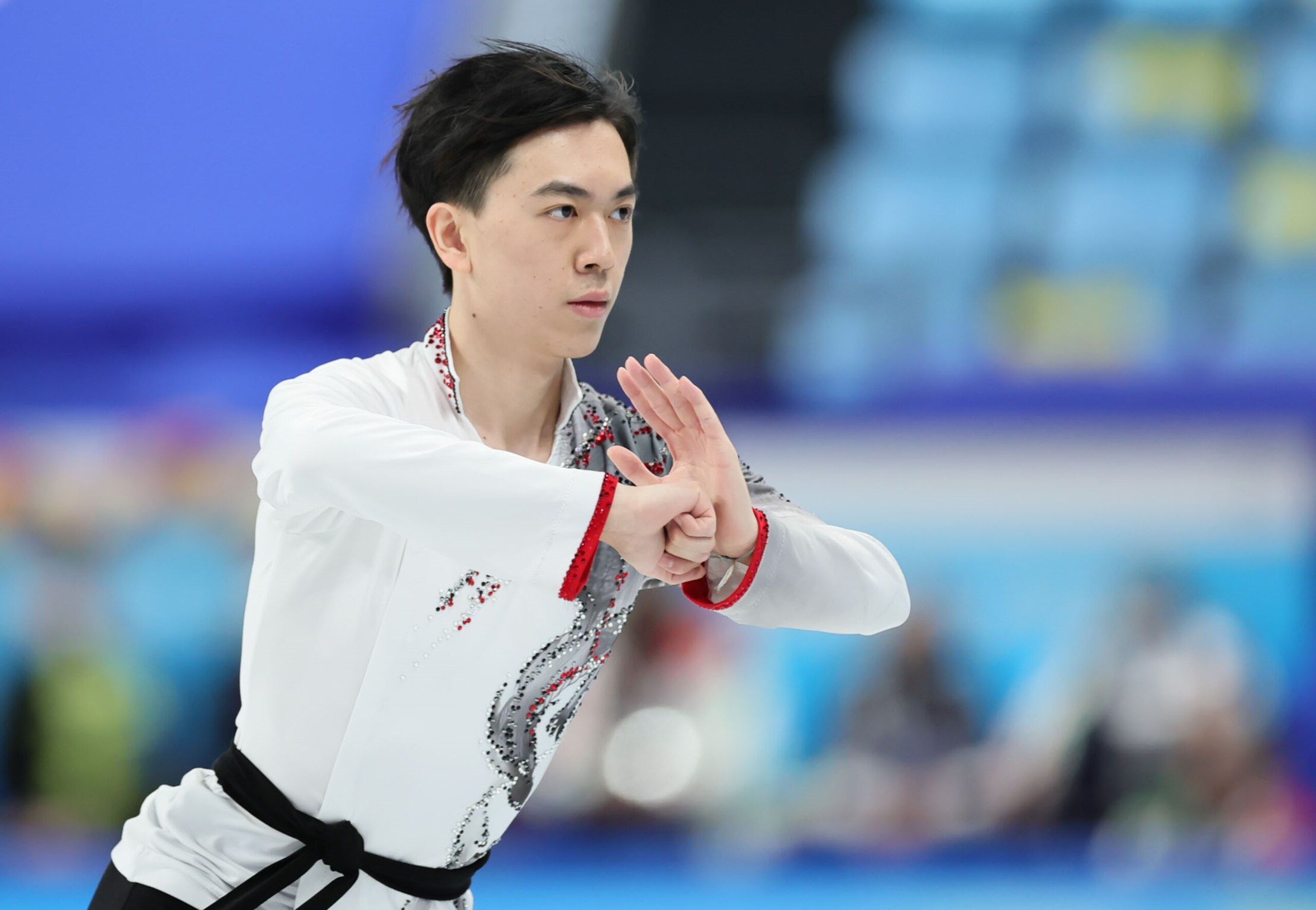Vincent Zhou of the United States performs during the figure skating team event men's single skating free skating match at Capital Indoor Stadium in Beijing, capital of China, Feb. 6, 2022. (Photo by Lan Hongguang/Xinhua via Getty Images)