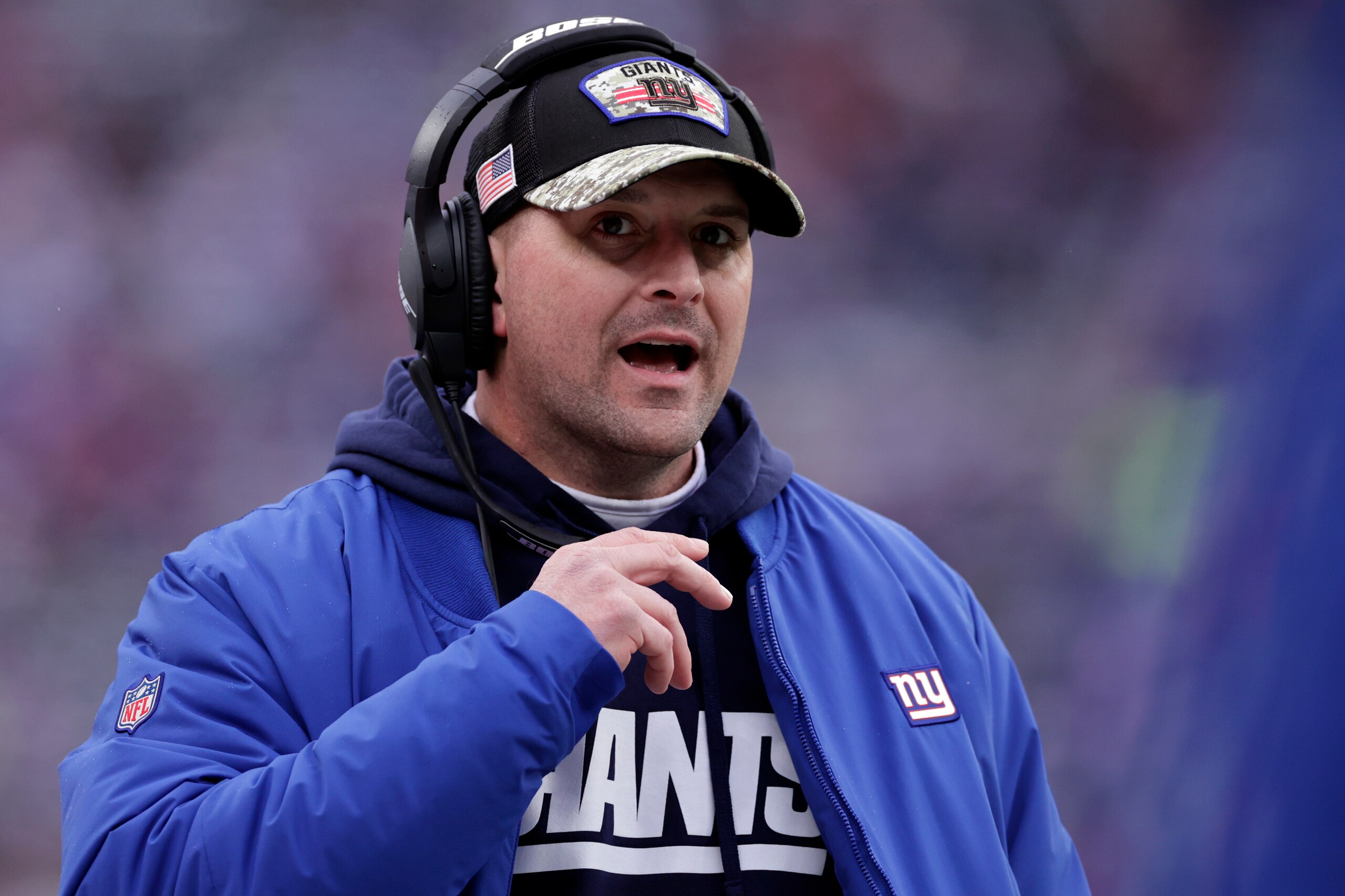 New York Giants head coach Joe Judge looks on against the Washington Football Team during an NFL football game, Sunday, Jan. 9, 2022, in East Rutherford, N.J. (AP Photo/Adam Hunger)