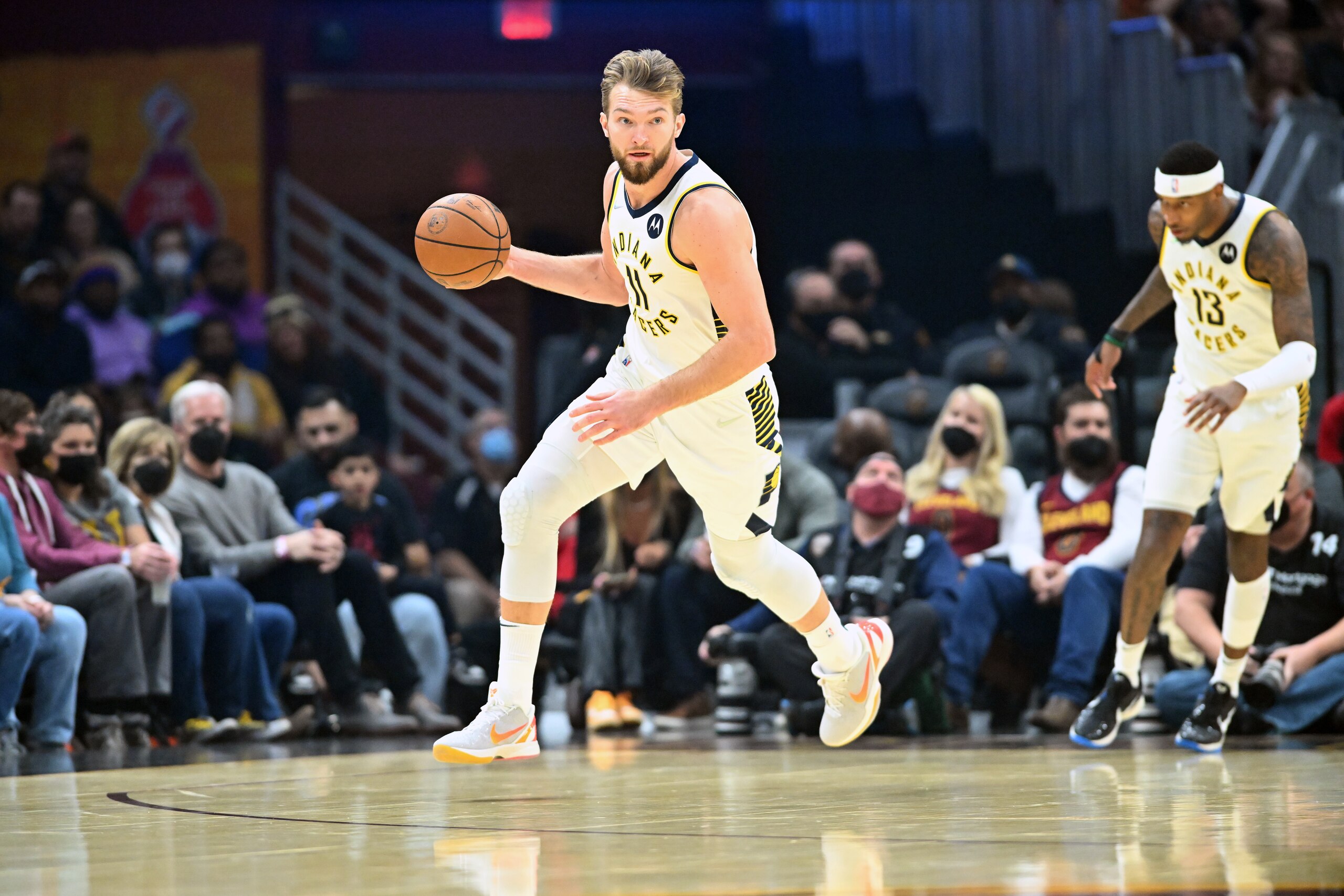 CLEVELAND, OHIO - FEBRUARY 06: Domantas Sabonis #11 of the Indiana Pacers brings the ball up court during the first half against the Cleveland Cavaliers at Rocket Mortgage Fieldhouse on February 06, 2022 in Cleveland, Ohio. NOTE TO USER: User expressly acknowledges and agrees that, by downloading and/or using this photograph, user is consenting to the terms and conditions of the Getty Images License Agreement. (Photo by Jason Miller/Getty Images)
