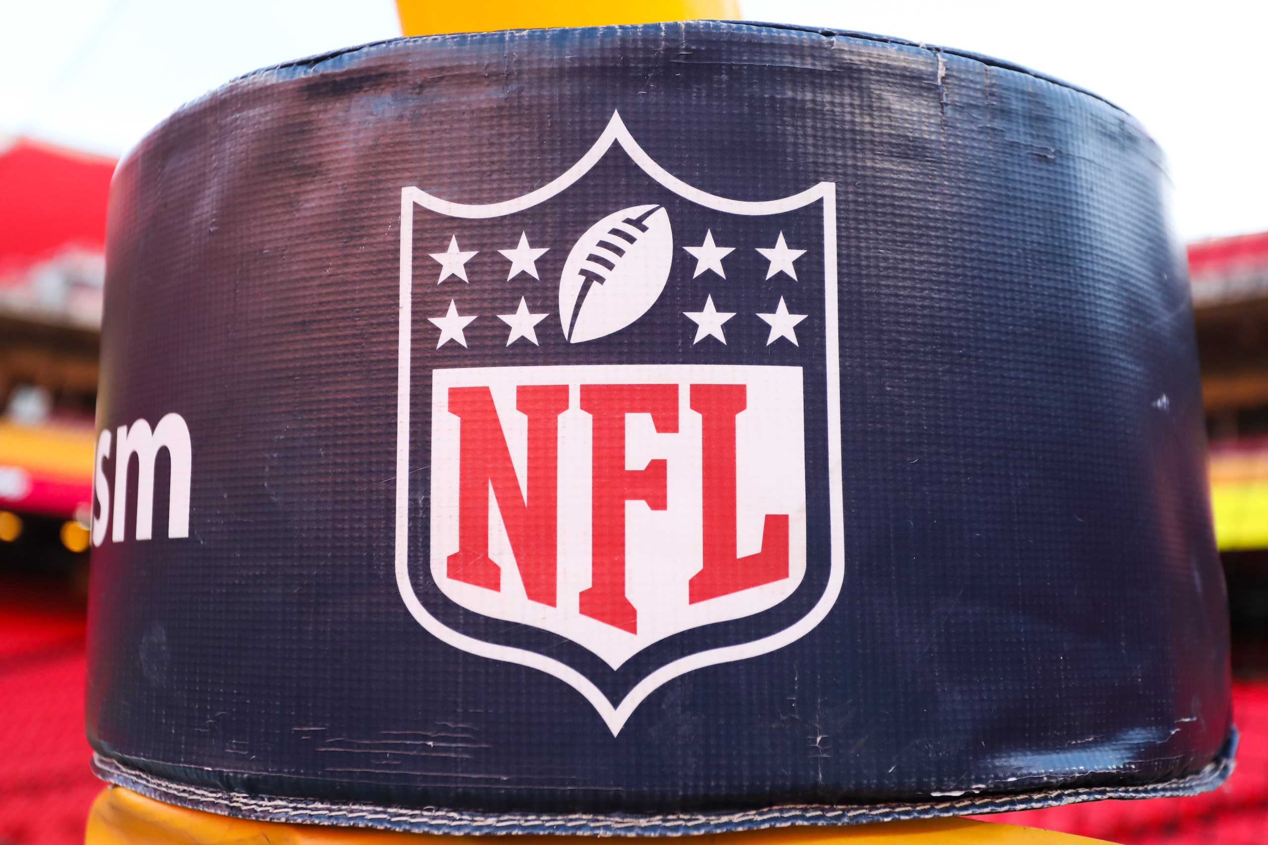 KANSAS CITY, MO - JANUARY 30: A view of the NFL logo on the goal post before the AFC Championship game between the Cincinnati Bengals and Kansas City Chiefs on Jan 30, 2022 at GEHA Field at Arrowhead Stadium in Kansas City, MO. (Photo by Scott Winters/Icon Sportswire via Getty Images)