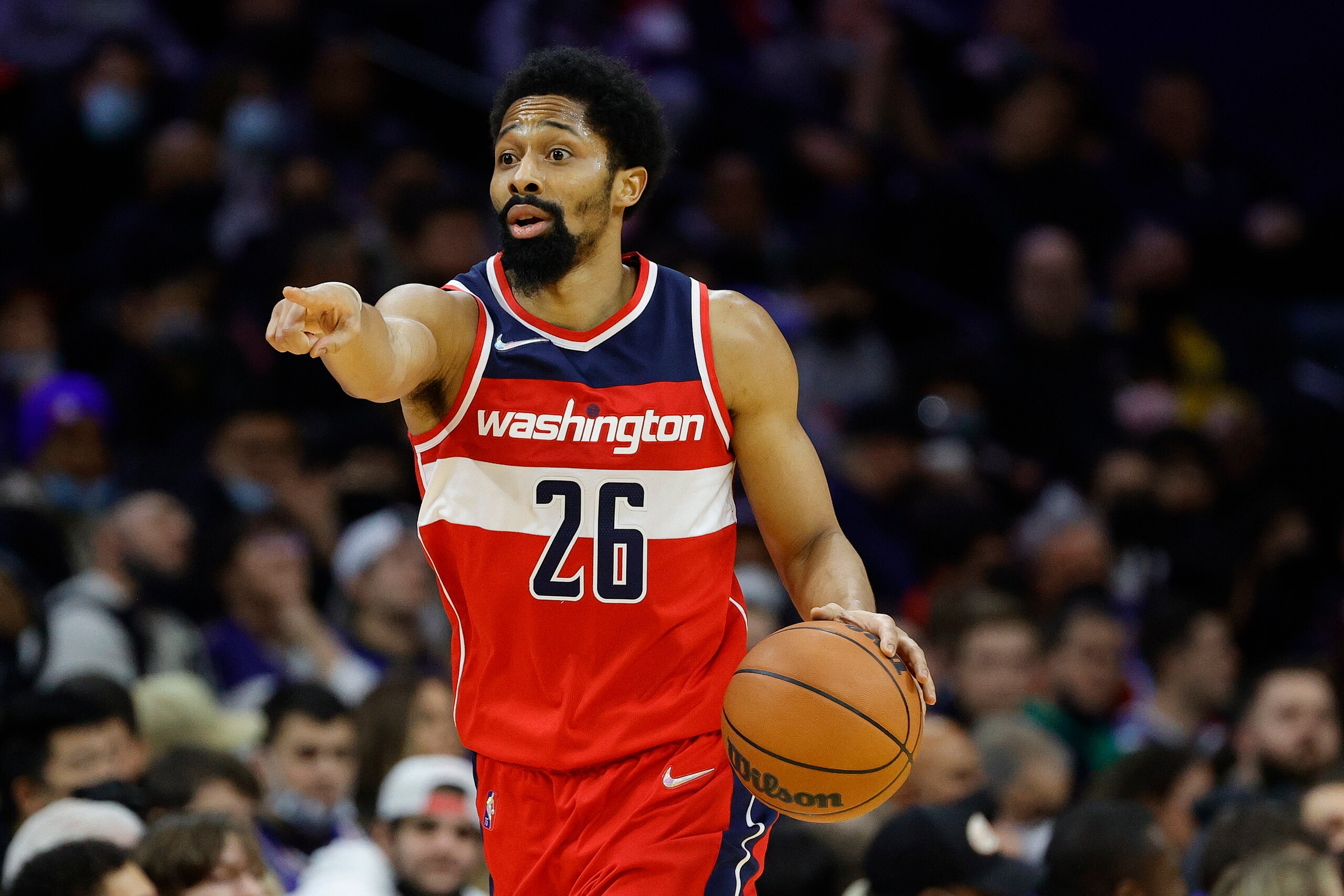 PHILADELPHIA, PENNSYLVANIA - FEBRUARY 02: Spencer Dinwiddie #26 of the Washington Wizards dribbles and gestures during the third quarter against the Philadelphia 76ers at Wells Fargo Center on February 02, 2022 in Philadelphia, Pennsylvania. NOTE TO USER: User expressly acknowledges and agrees that, by downloading and or using this photograph, User is consenting to the terms and conditions of the Getty Images License Agreement. (Photo by Tim Nwachukwu/Getty Images)