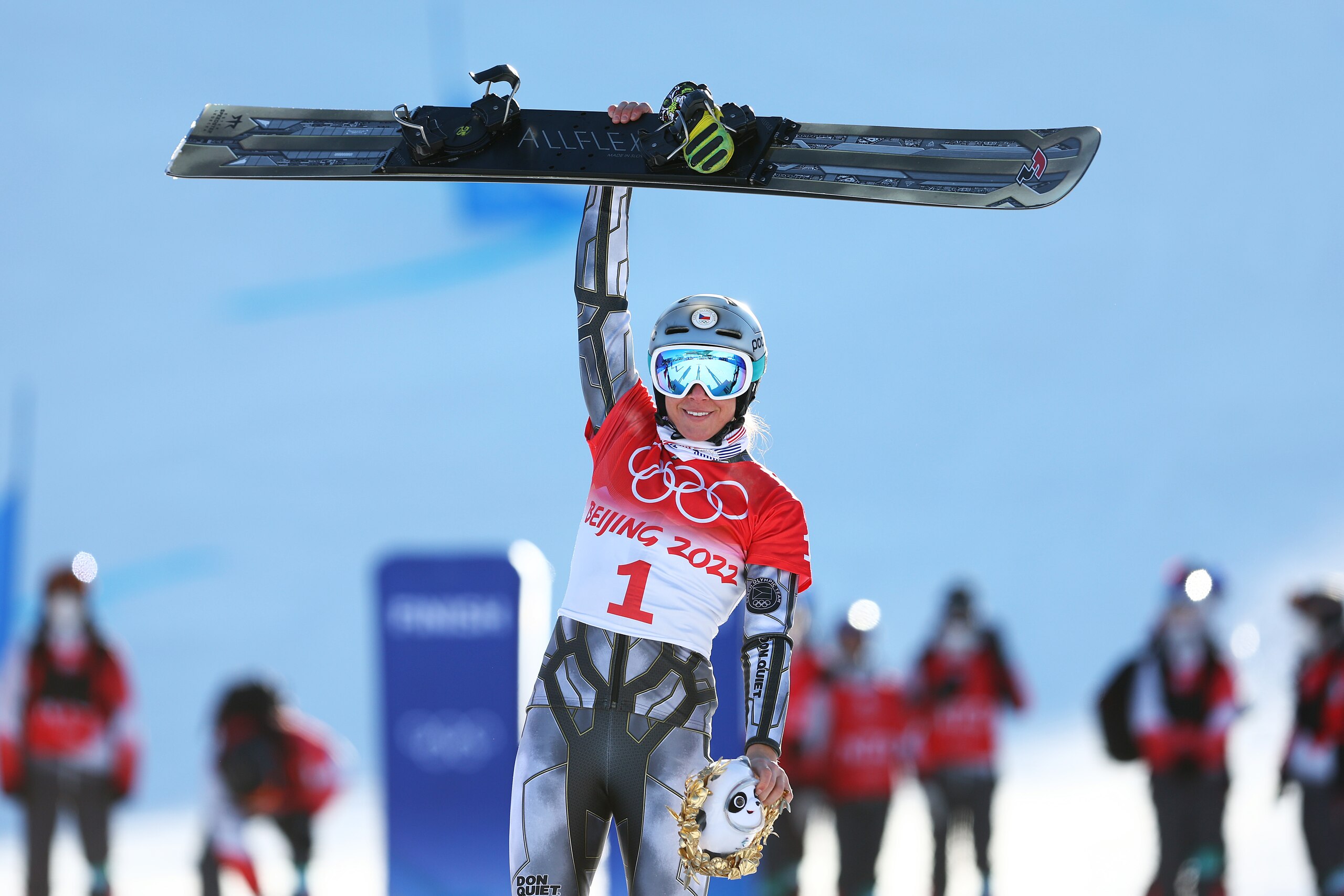 ZHANGJIAKOU, CHINA - FEBRUARY 08: Gold medallist Ester Ledecka of Team Czech Republic poses during the Women's Parallel Giant Slalom flower ceremony on Day 4 of the Beijing 2022 Winter Olympic Games at Genting Snow Park on February 08, 2022 in Zhangjiakou, China. (Photo by Clive Rose/Getty Images)