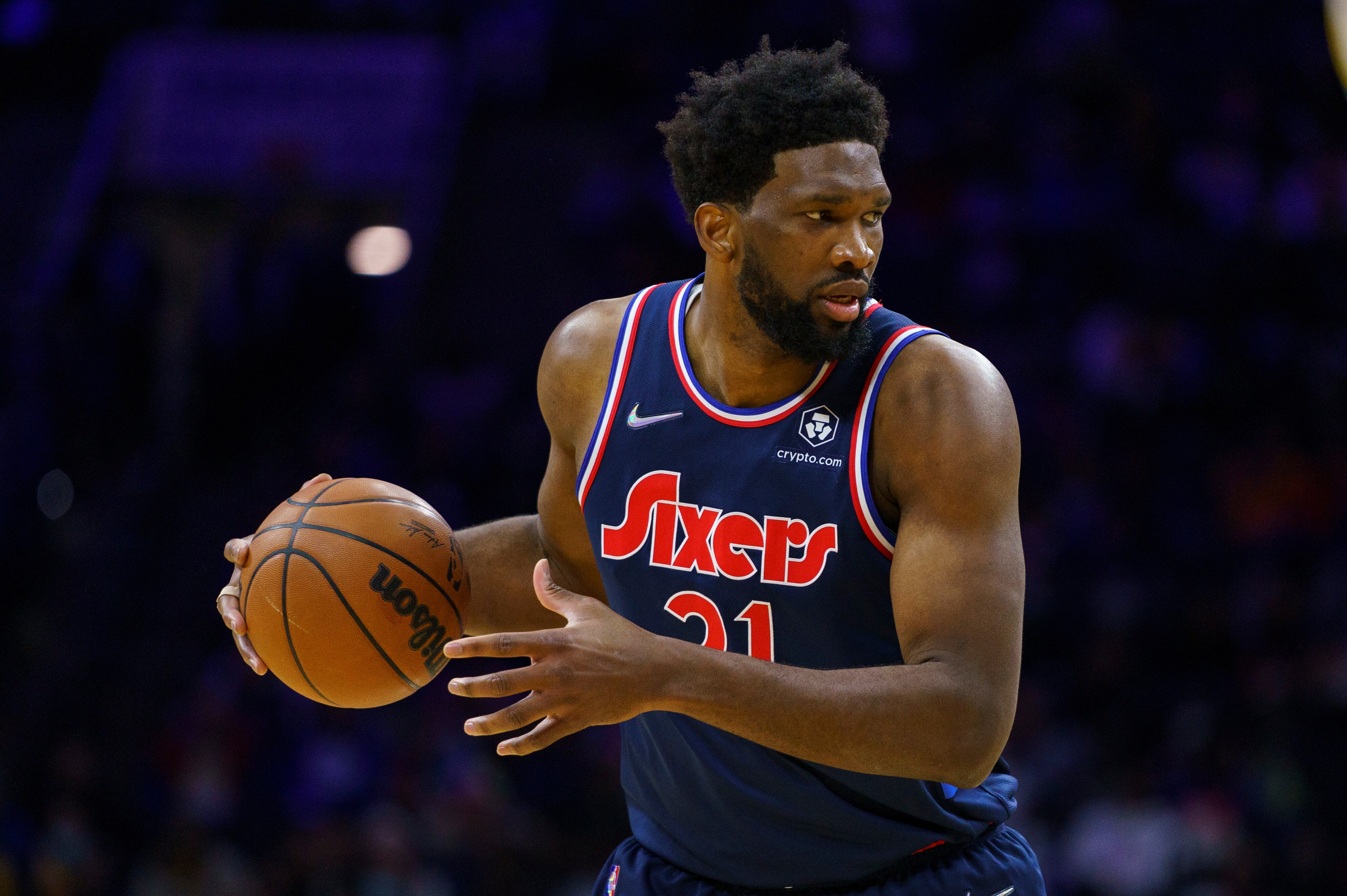 Philadelphia 76ers' Joel Embiid in action during the second half of an NBA basketball game against the Los Angeles Lakers, Thursday, Jan. 27, 2022, in Philadelphia. The 76ers won 105-87. (AP Photo/Chris Szagola)
