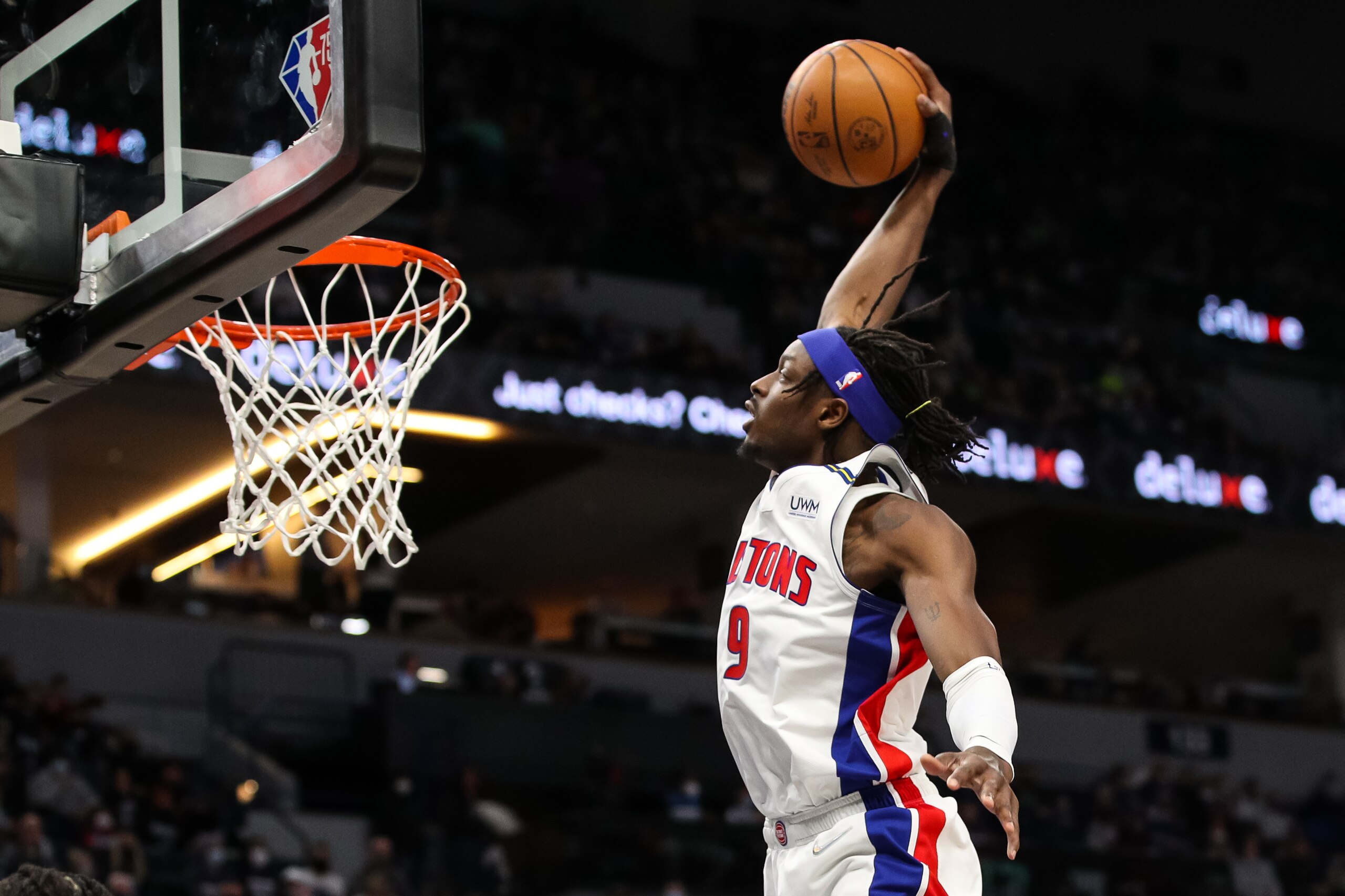 MINNEAPOLIS, MN - FEBRUARY 06: Jerami Grant #9 of the Detroit Pistons dunks the ball against the Minnesota Timberwolves in the second quarter of the game at Target Center on February 6, 2022 in Minneapolis, Minnesota. NOTE TO USER: User expressly acknowledges and agrees that, by downloading and or using this Photograph, user is consenting to the terms and conditions of the Getty Images License Agreement. (Photo by David Berding/Getty Images)