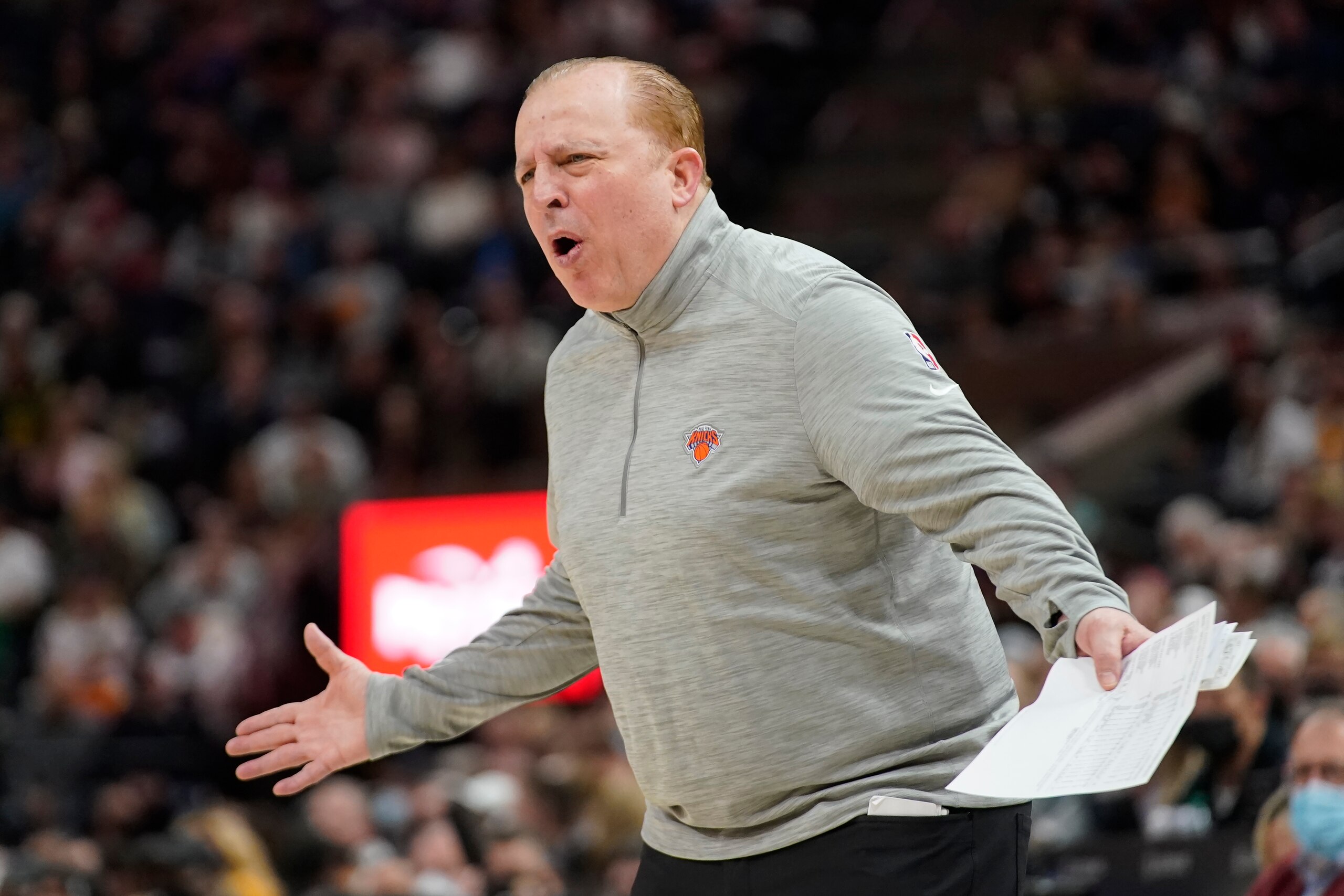 New York Knicks head coach Tom Thibodeau reacts in the first half of an NBA basketball game against the Utah Jazz, Monday, Feb. 7, 2022, in Salt Lake City. (AP Photo/Rick Bowmer)