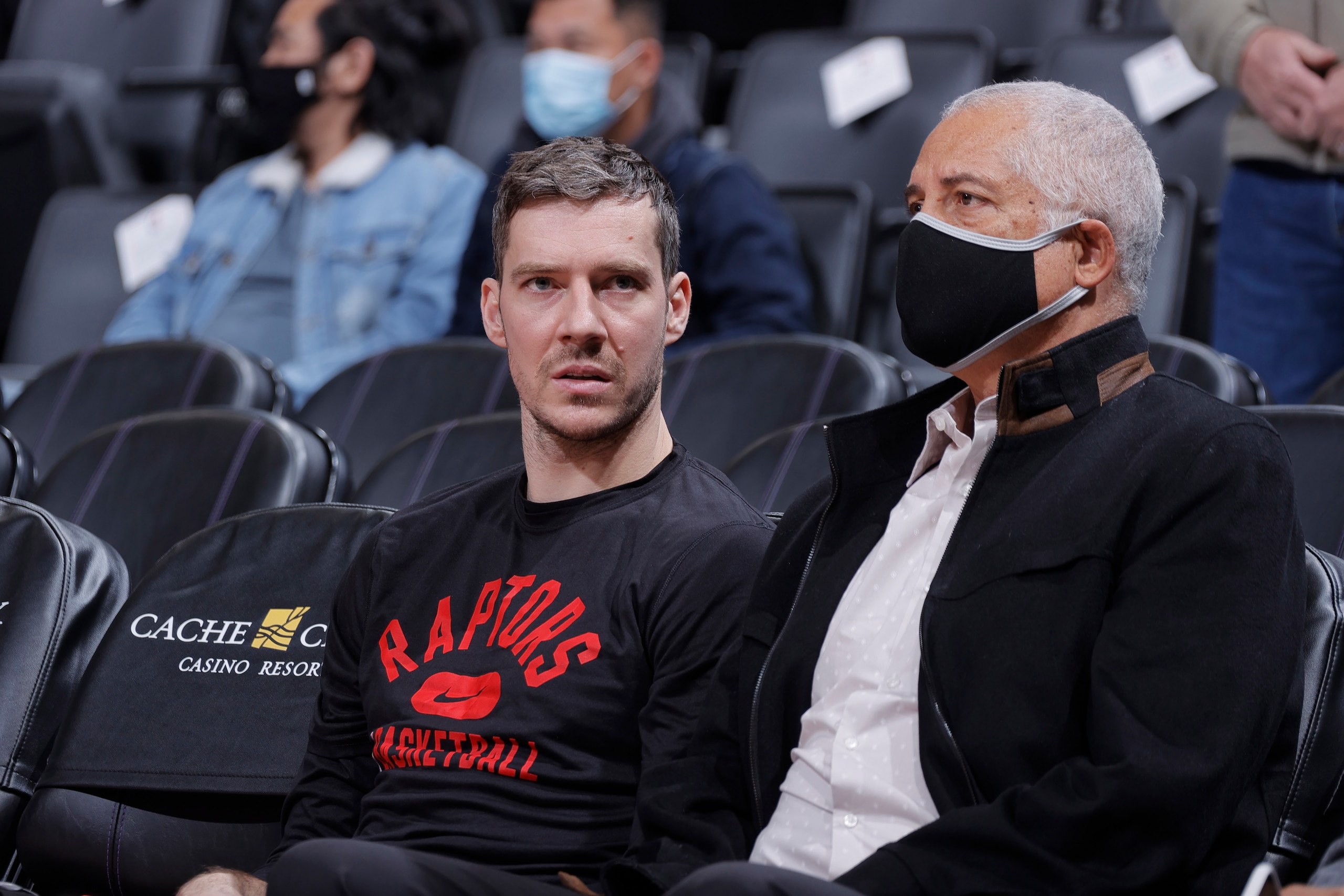 SACRAMENTO, CA - NOVEMBER 19: NBA agent Bill Duffy sits alongside Goran Dragic #1 of the Toronto Raptors prior to the game against the Sacramento Kings on November 19, 2021 at Golden 1 Center in Sacramento, California. NOTE TO USER: User expressly acknowledges and agrees that, by downloading and or using this photograph, User is consenting to the terms and conditions of the Getty Images Agreement. Mandatory Copyright Notice: Copyright 2021 NBAE (Photo by Rocky Widner/NBAE via Getty Images)