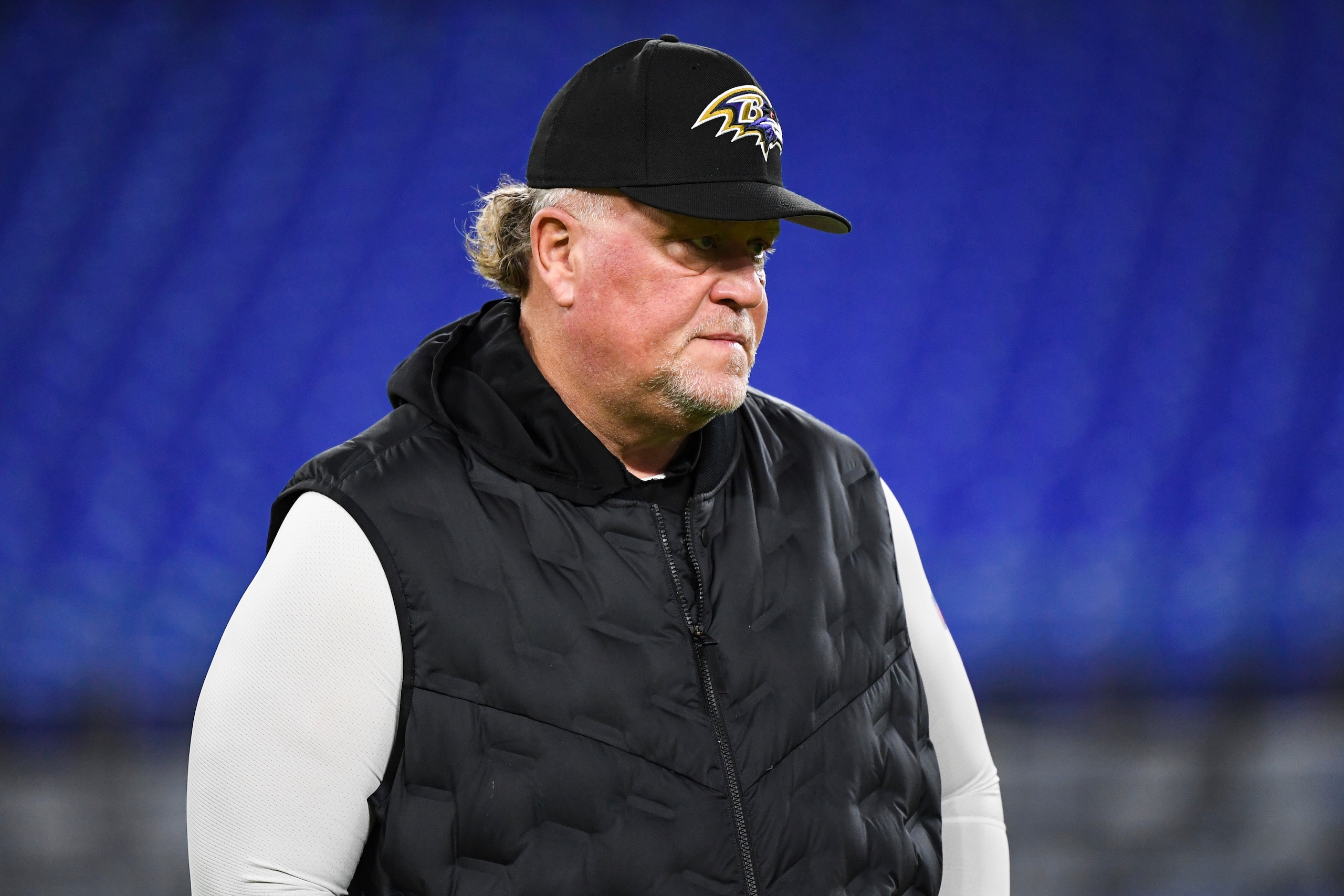 Baltimore Ravens defensive coordinator Don Martindale looks on during pre-game warm-ups before an NFL football game against the Cleveland Browns, Sunday, Nov. 28, 2021, in Baltimore. (AP Photo/Terrance Williams)