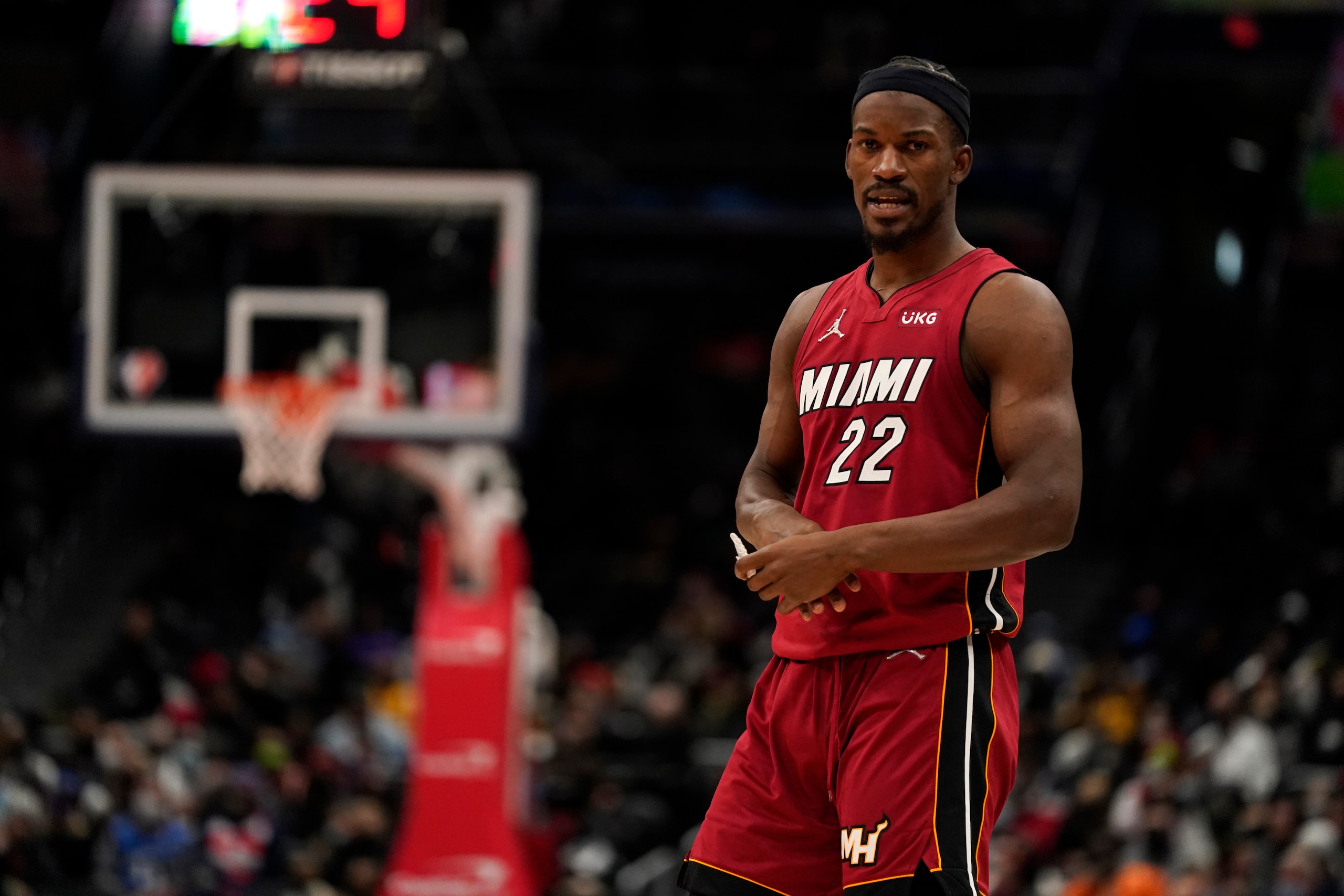 Miami Heat forward Jimmy Butler (22) during the first half of an NBA basketball game against the Washington Wizards, Monday, Feb. 7, 2022, in Washington. (AP Photo/Evan Vucci).