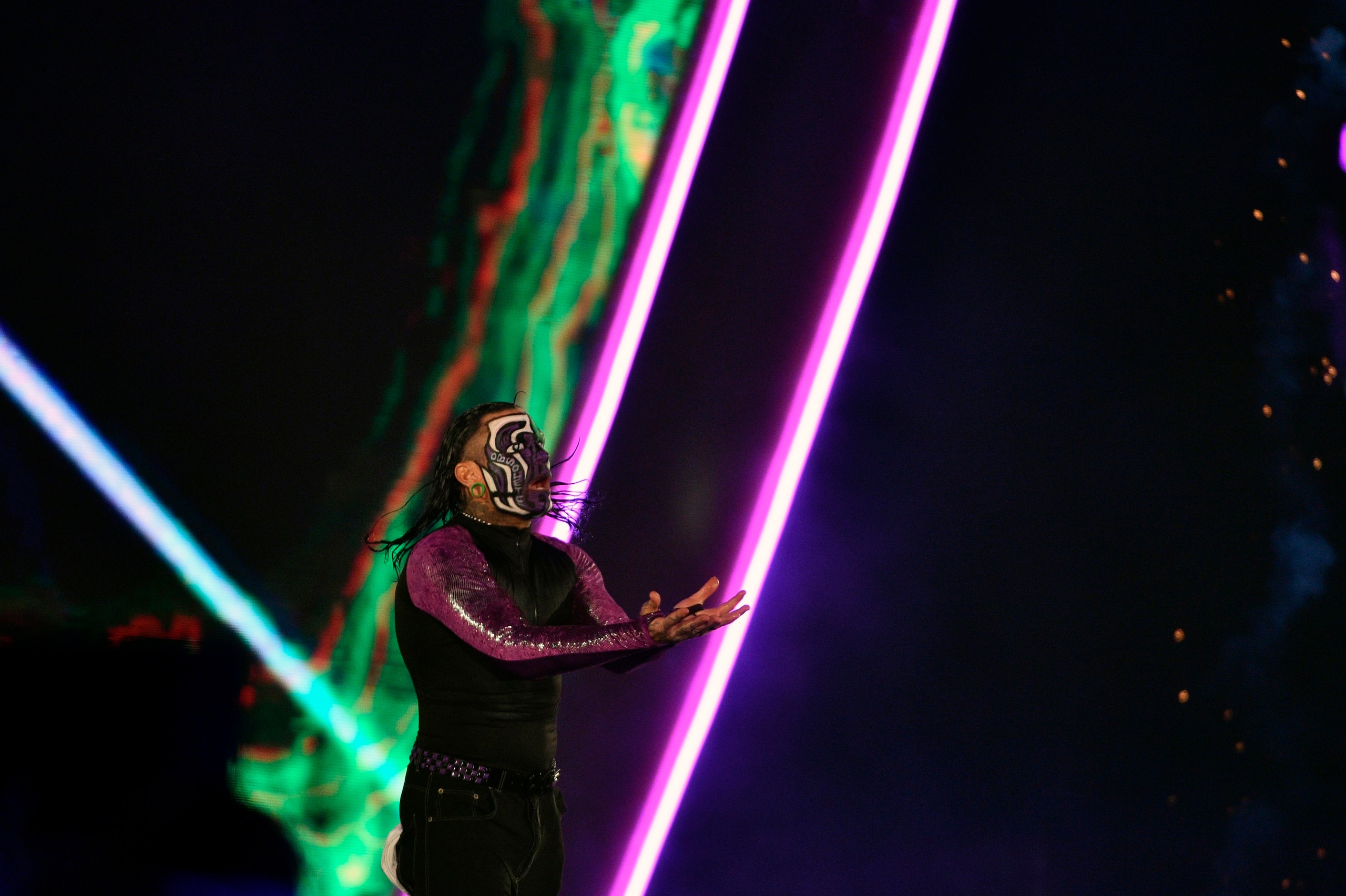 Jeff Hardy makes his way to the ring during the WWE World Cup Quarterfinal match as part of as part of the World Wrestling Entertainment (WWE) Crown Jewel pay-per-view at the King Saud University Stadium in Riyadh on November 2, 2018. (Photo by Fayez Nureldine / AFP)        (Photo credit should read FAYEZ NURELDINE/AFP via Getty Images)