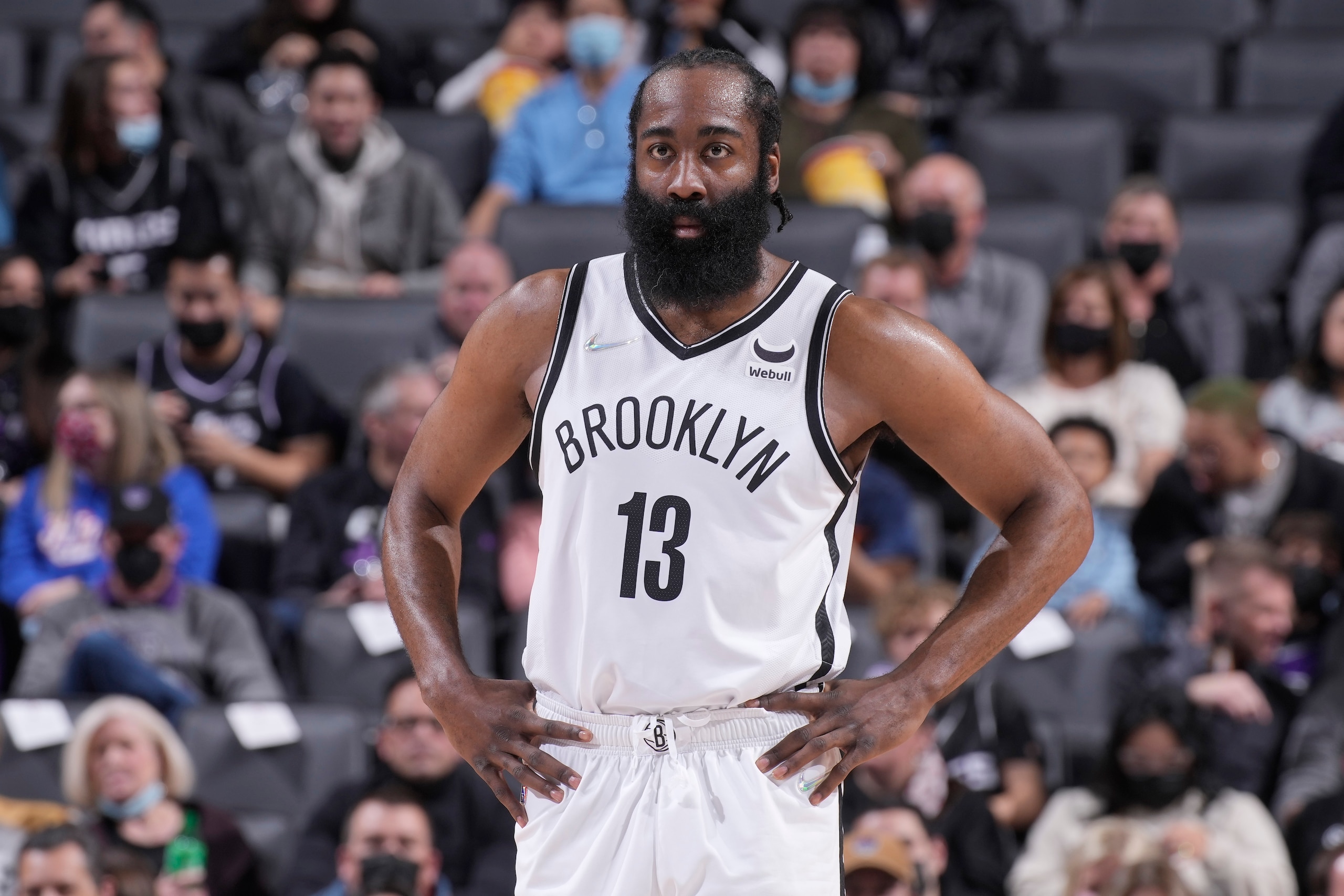 SACRAMENTO, CA - FEBRUARY 2: James Harden #13 of the Brooklyn Nets looks on during the game against the Sacramento Kings on February 2, 2022 at Golden 1 Center in Sacramento, California. NOTE TO USER: User expressly acknowledges and agrees that, by downloading and or using this photograph, User is consenting to the terms and conditions of the Getty Images Agreement. Mandatory Copyright Notice: Copyright 2022 NBAE (Photo by Rocky Widner/NBAE via Getty Images)