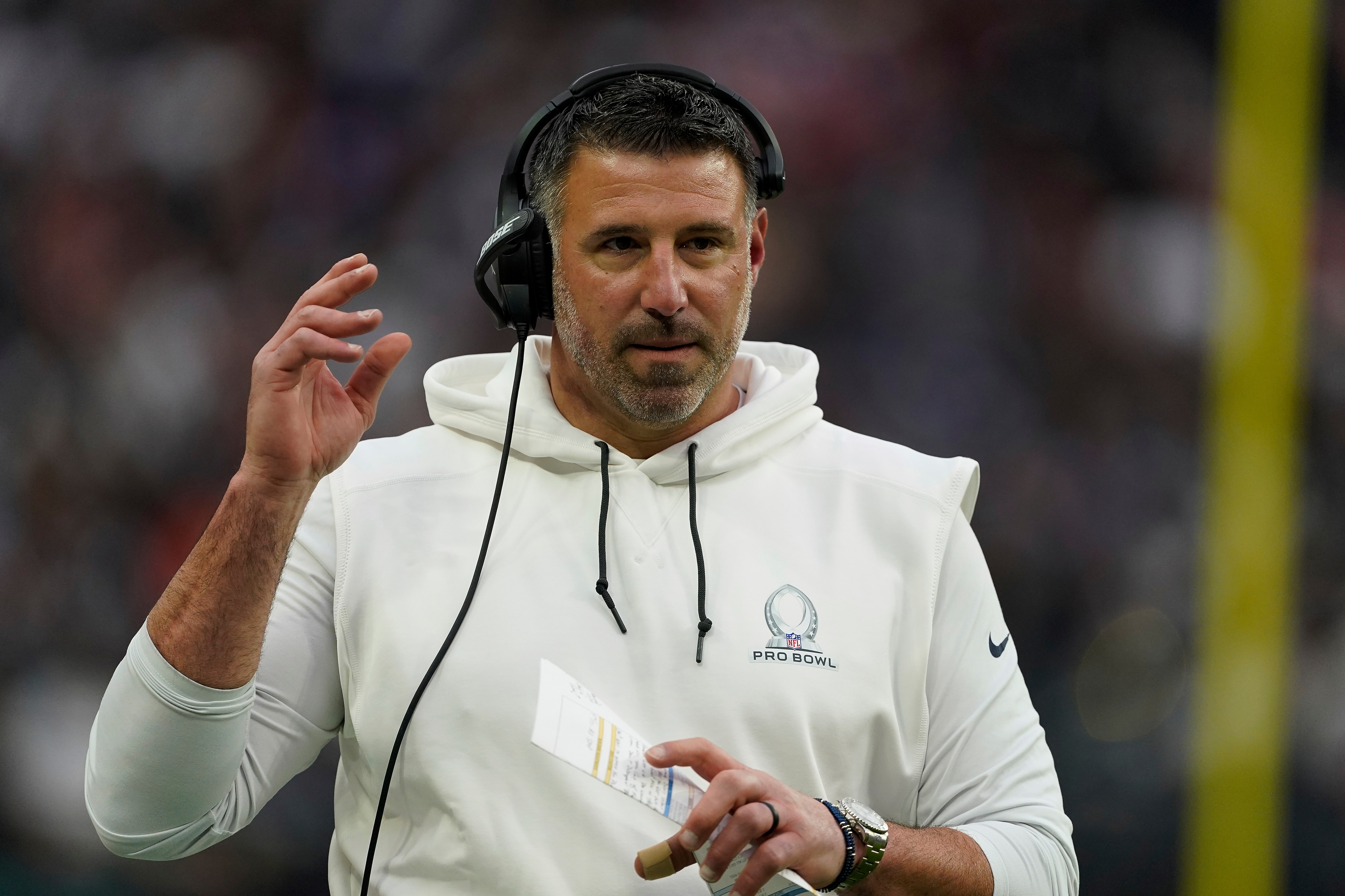 AFC head coach Mike Vrabel walks on the sideline during the Pro Bowl NFL football game against the NFC, Sunday, Feb. 6, 2022, in Las Vegas. (AP Photo/Steve Luciano)